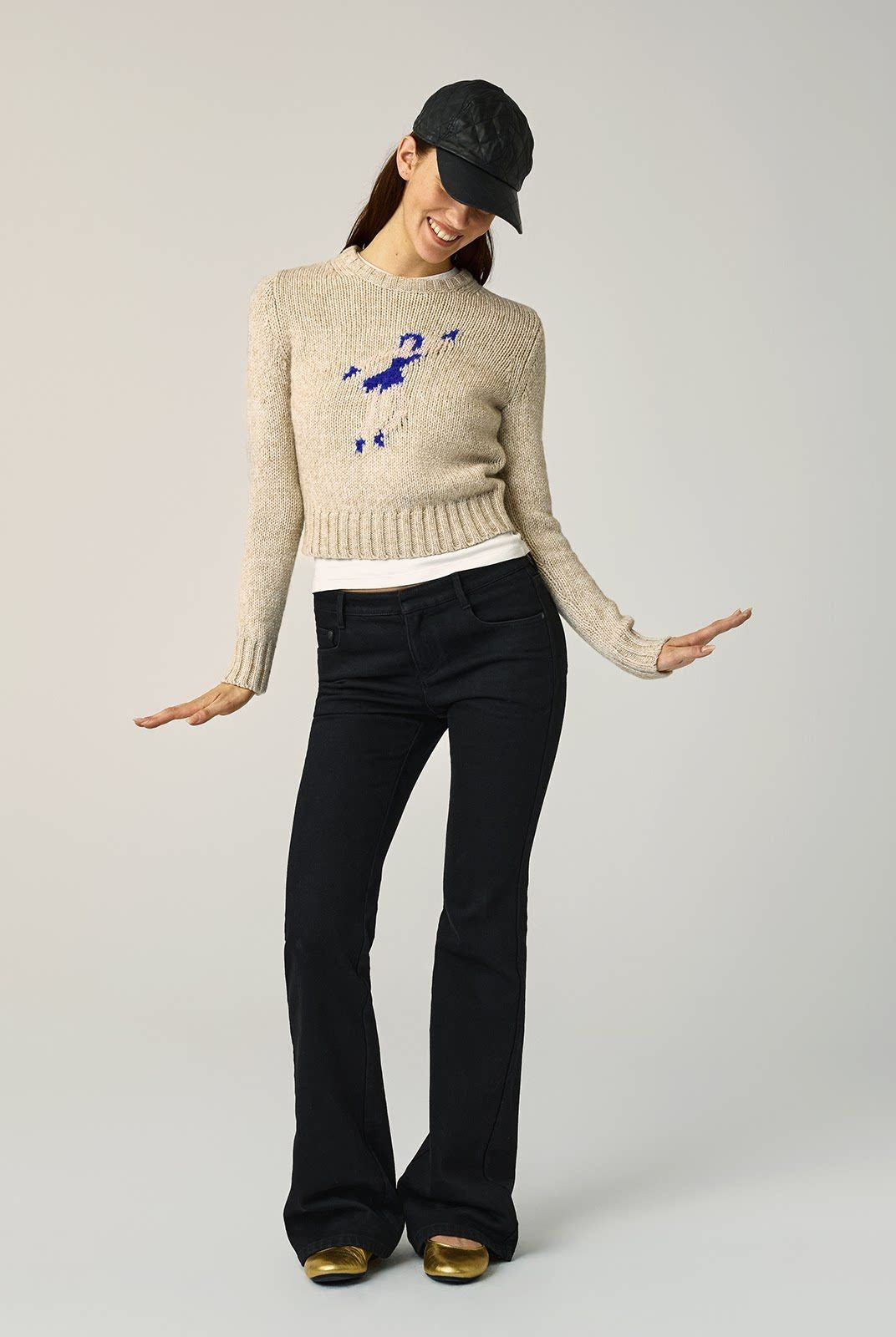 Alright then Dancing Figure Jacquard Sweater in Apricot - On Model