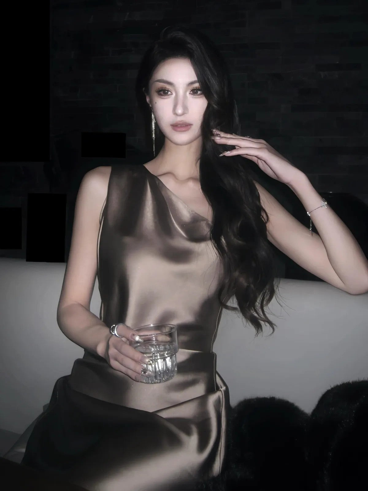 1S STUDIO One Shoulder Acetate Satin Dress in Gray - On Model