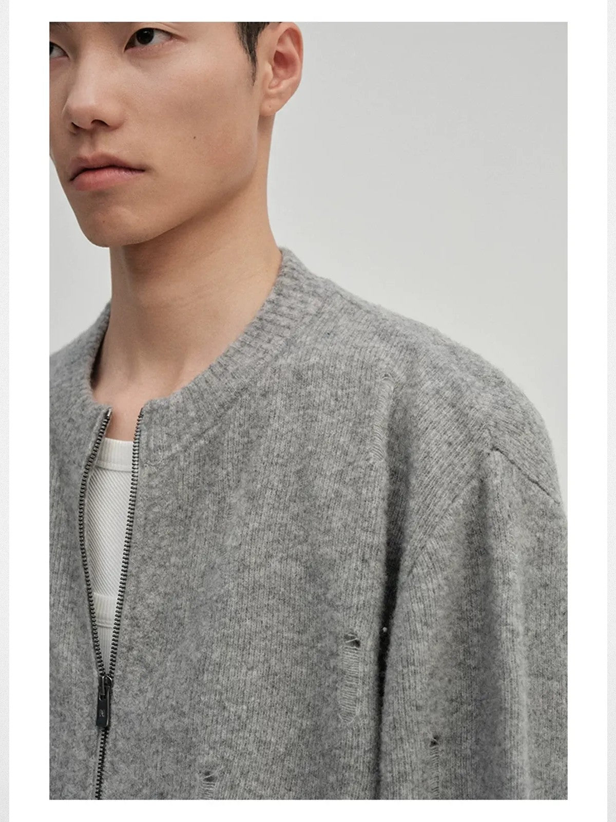 NANS Distressed Yak Wool Zip Cardigan in Gray - On Male Model