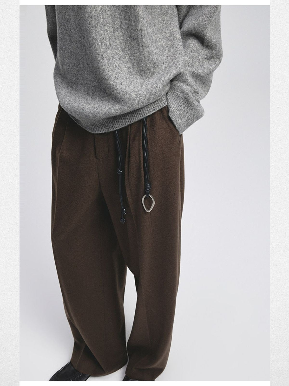 NANS Double Pleated Wool Blend Trousers in Brown - On Model