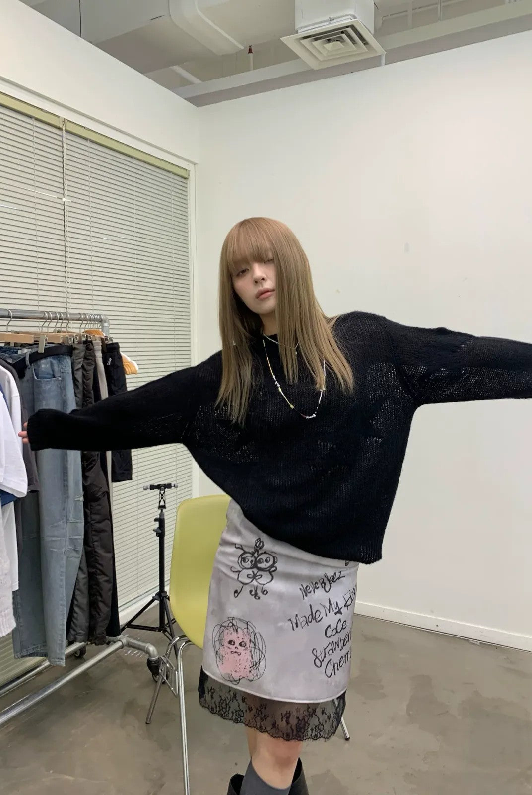 NeverSeez Graffiti Print Lace Trim Skirt in Gray - On Model