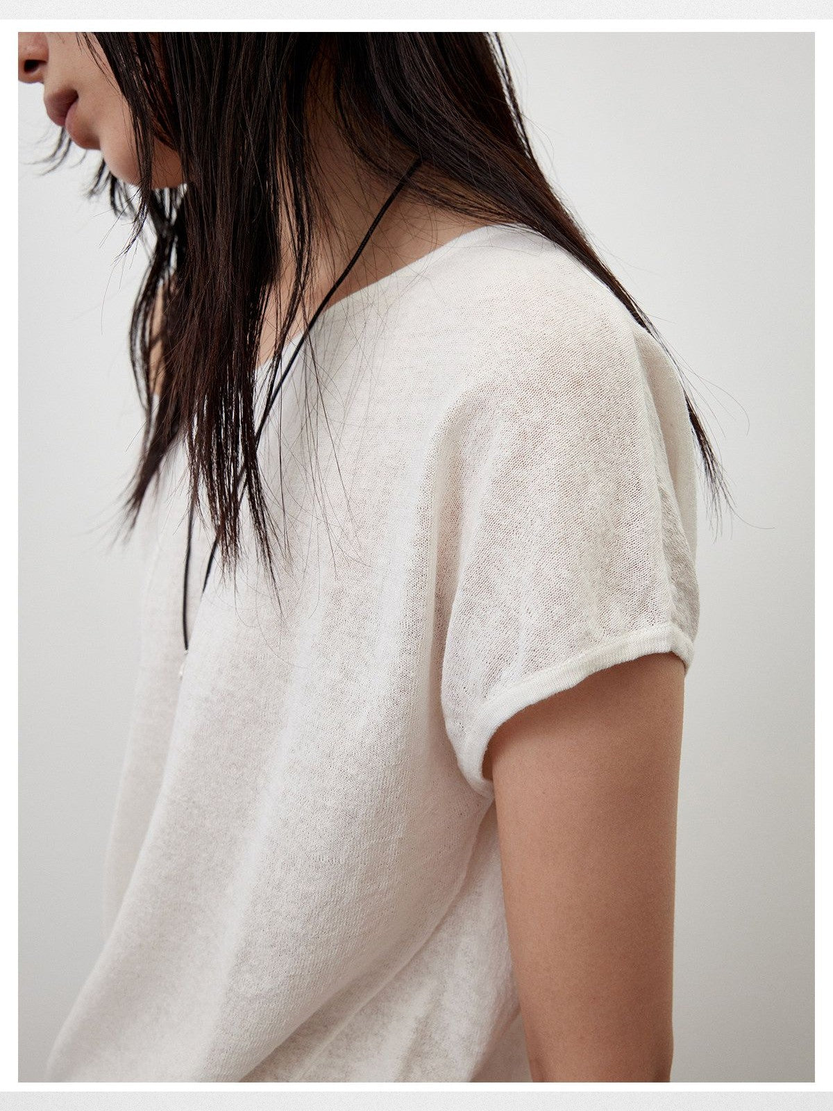 RandomPiece Asymmetric Linen Blend Knit Top in White - Detail
