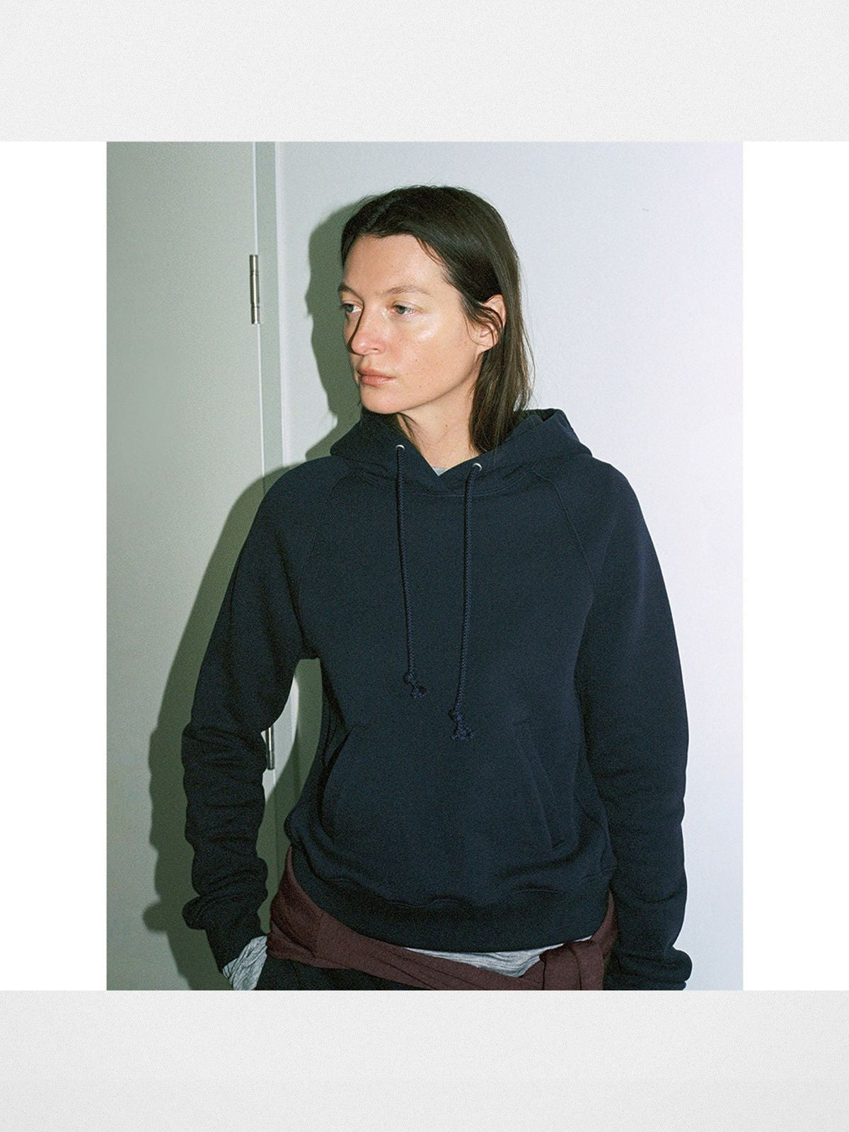 RandomPiece Cropped Cotton Lyocell Hoodie in Navy Blue - On Model