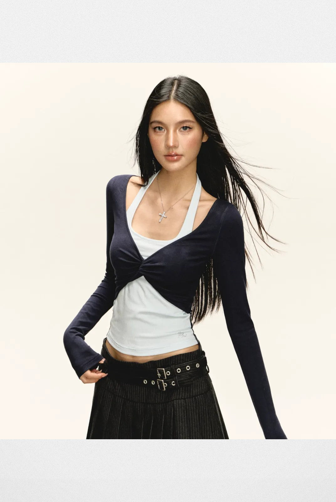 Ariseism Faux Layered Twist Front Top in Navy Blue - On Model