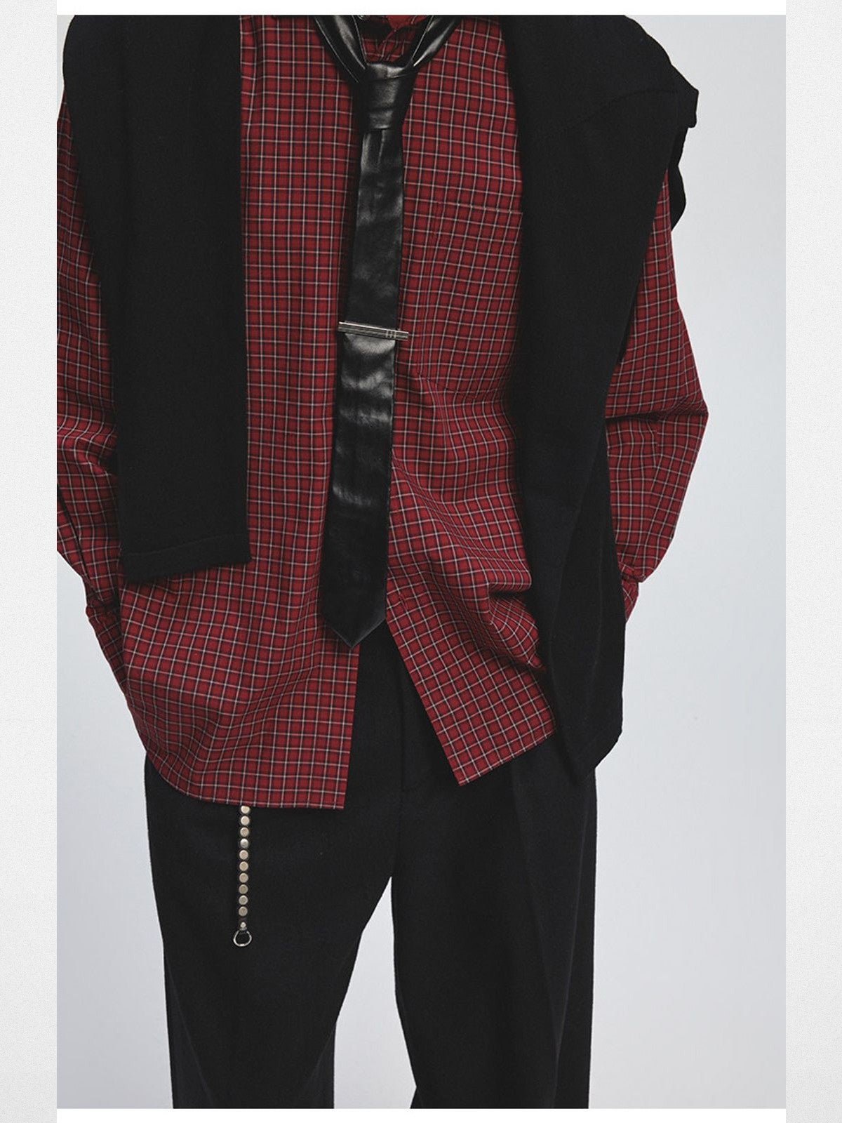 NANS Menswear Oversized Cotton Plaid Shirt in Burgundy - On Model