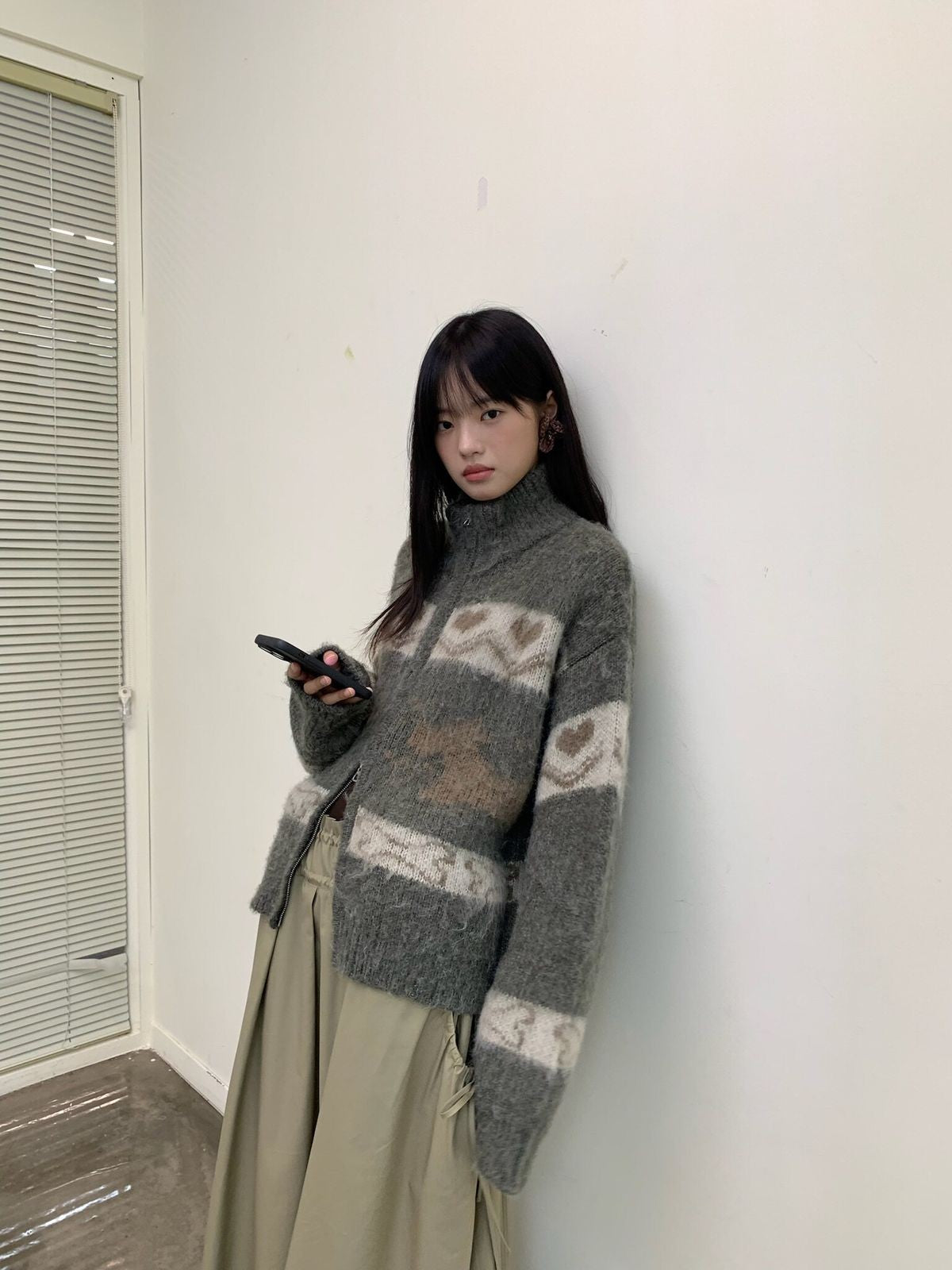 NeverSeez Fair Isle Dog Zip Up Cardigan in Gray - On Female Model