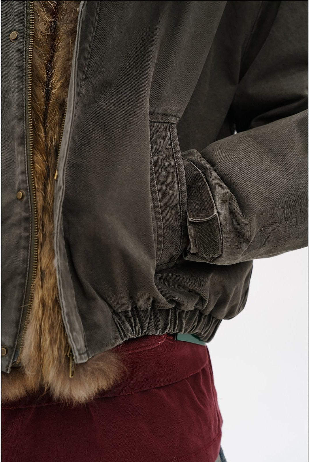 MASONPRINCE Fox Fur Collar Canvas Hunting Jacket in Green - On Model #color_green