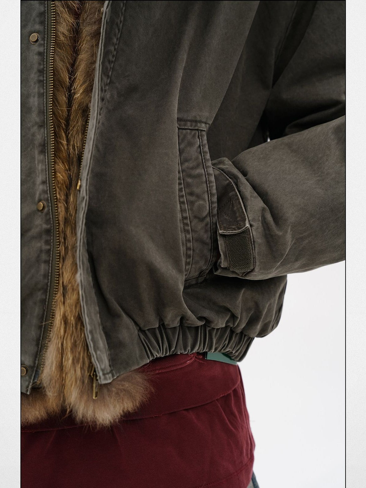 MASONPRINCE Fox Fur Collar Canvas Hunting Jacket in Green - On Model #color_green