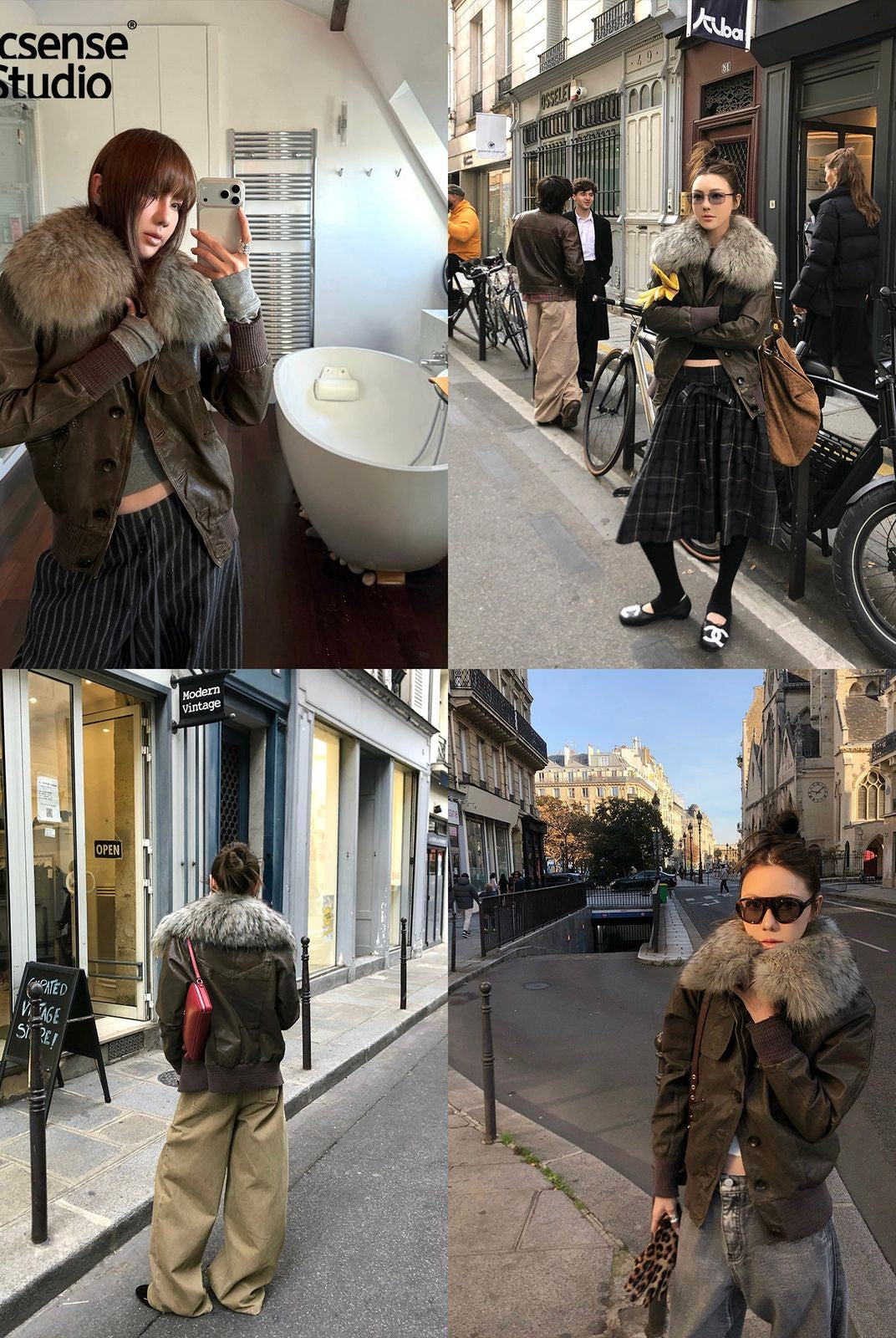 ACSENSE STUDIO Lambskin Jacket with Detachable Fur in Green - On Model