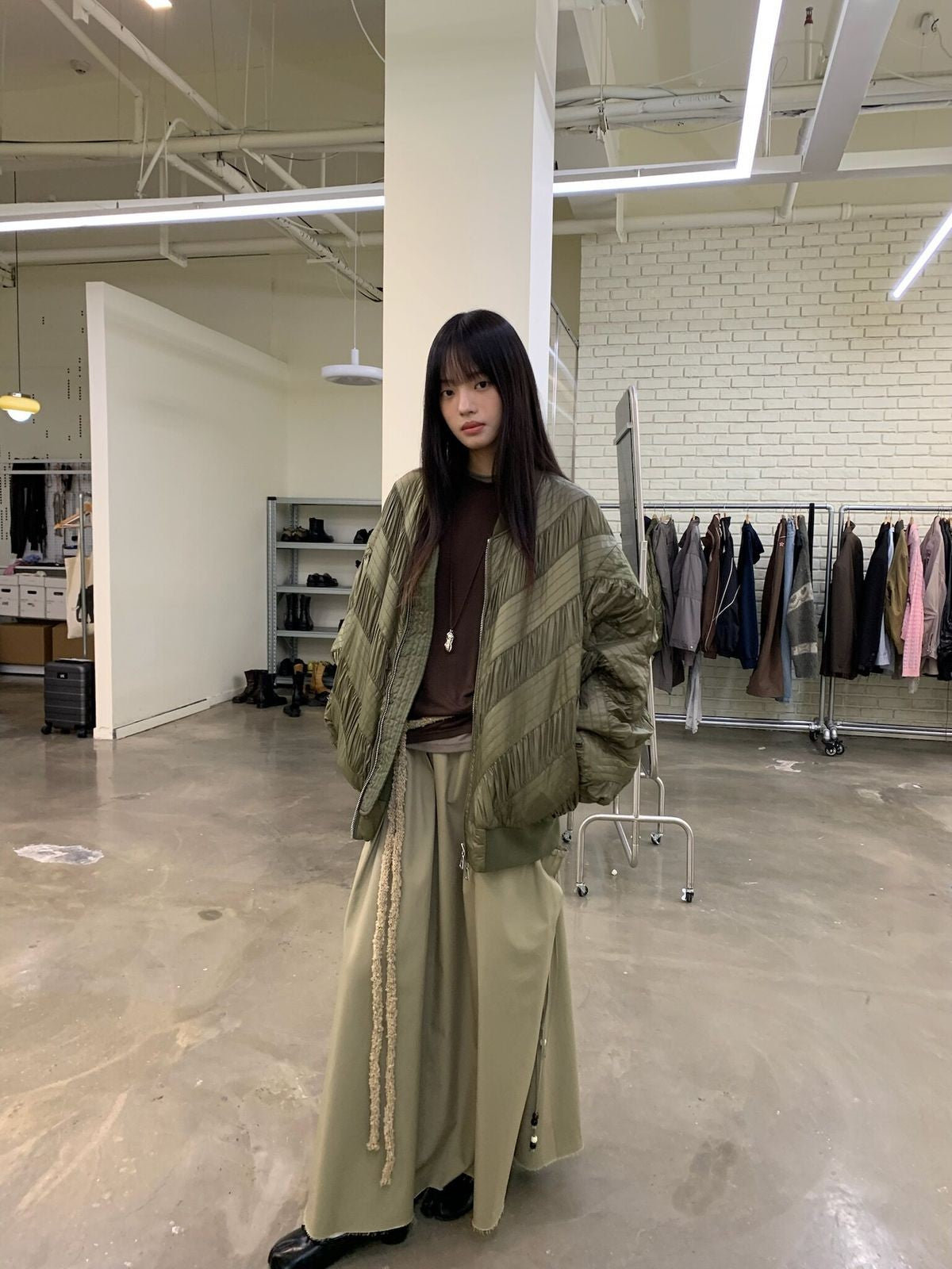 NeverSeez Handmade Pleated Bomber Jacket in Olive - On Female Model