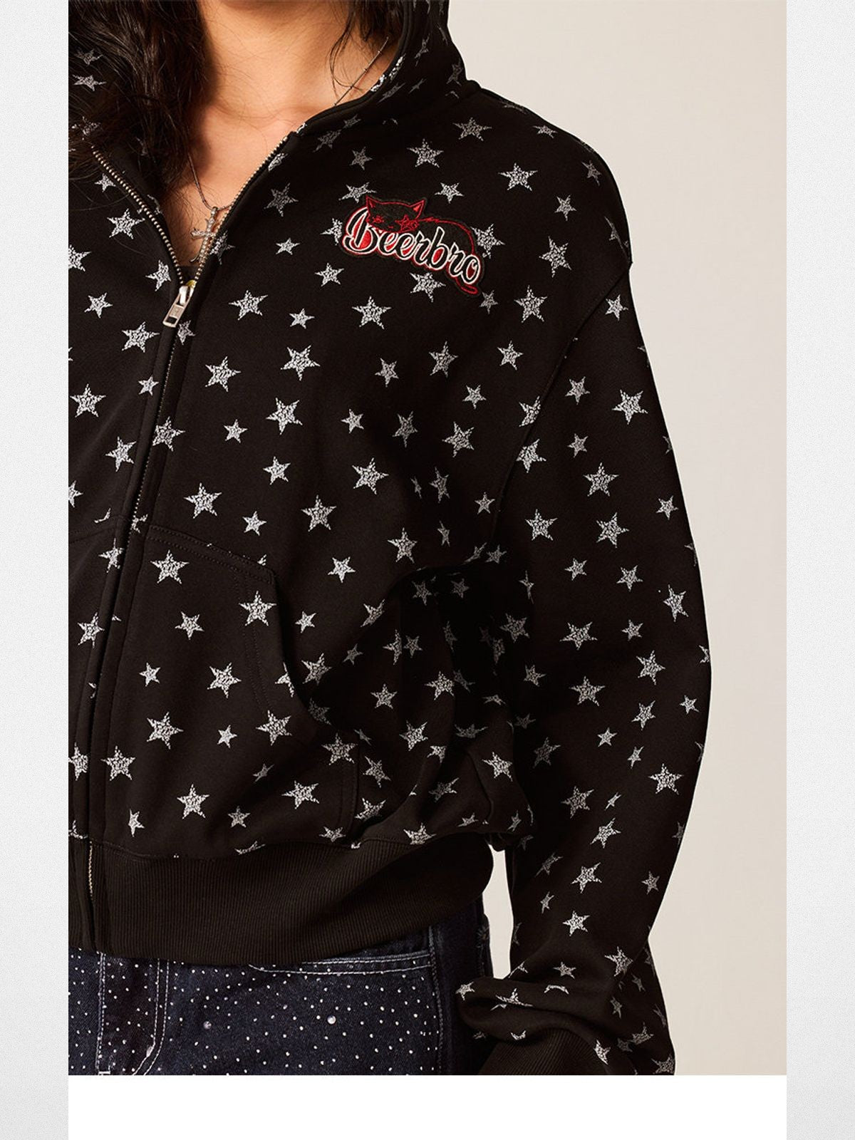Beer Bro Allover Star Print Zip Up Hoodie in Black - On Model