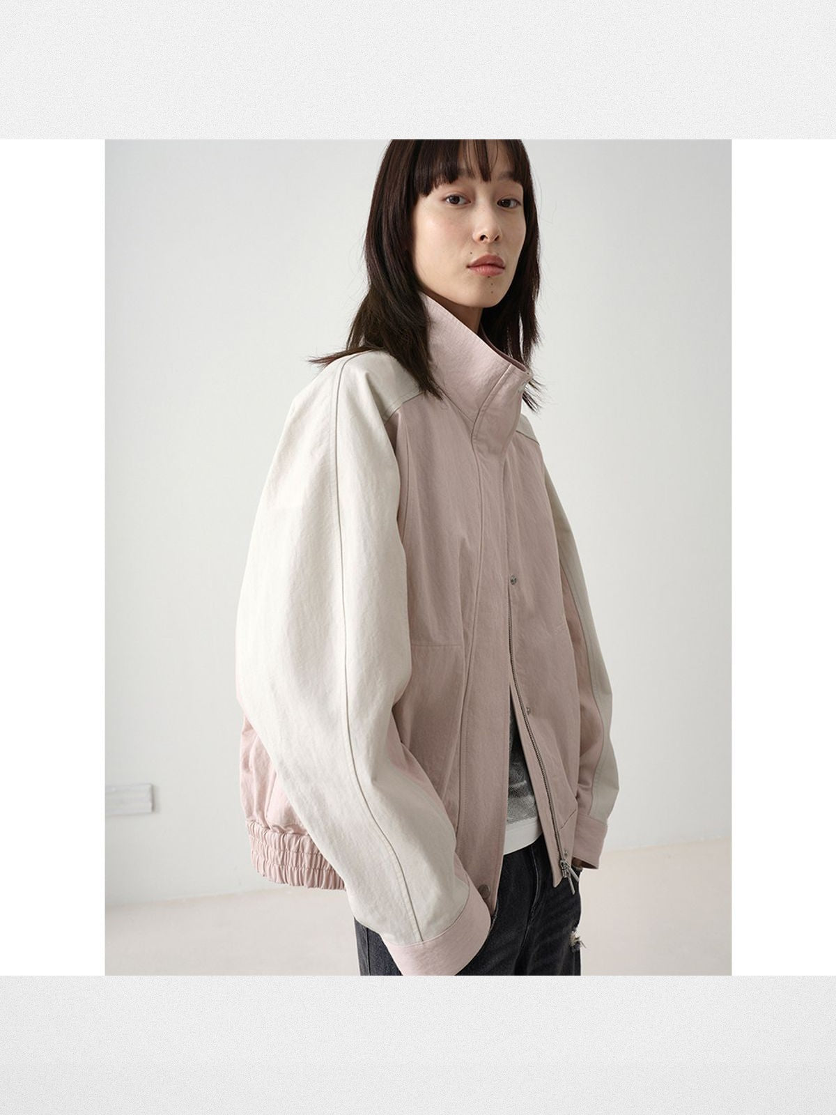 RandomPiece Color Block Cotton Blend Jacket in Pink - On Model