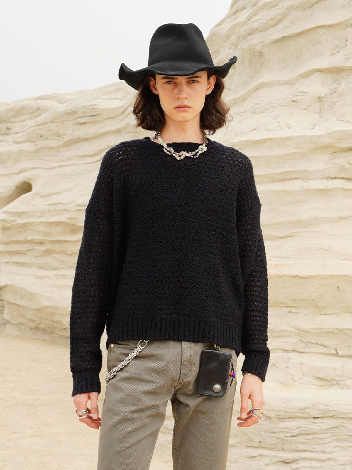 Retro 21 Hollow Knit Wool Mohair Sweater in Black - Lifestyle