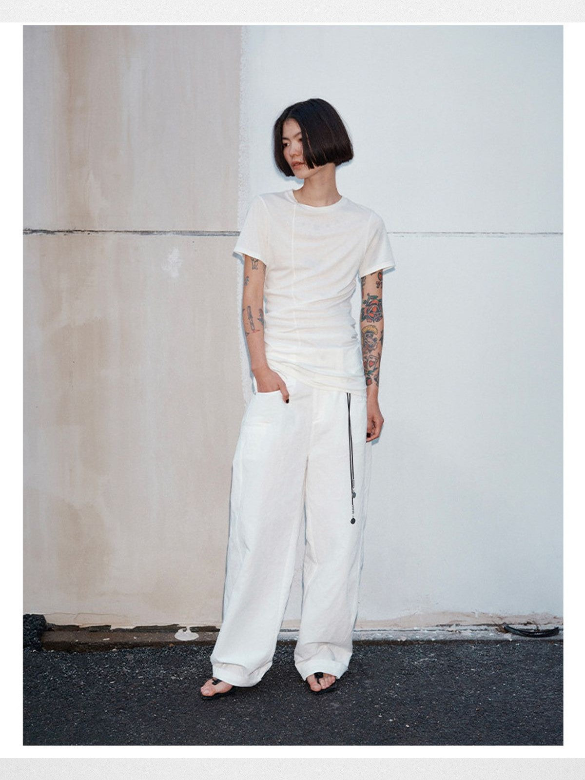 RandomPiece Asymmetric Ruched Silk Blend Tee in Gray - On Model