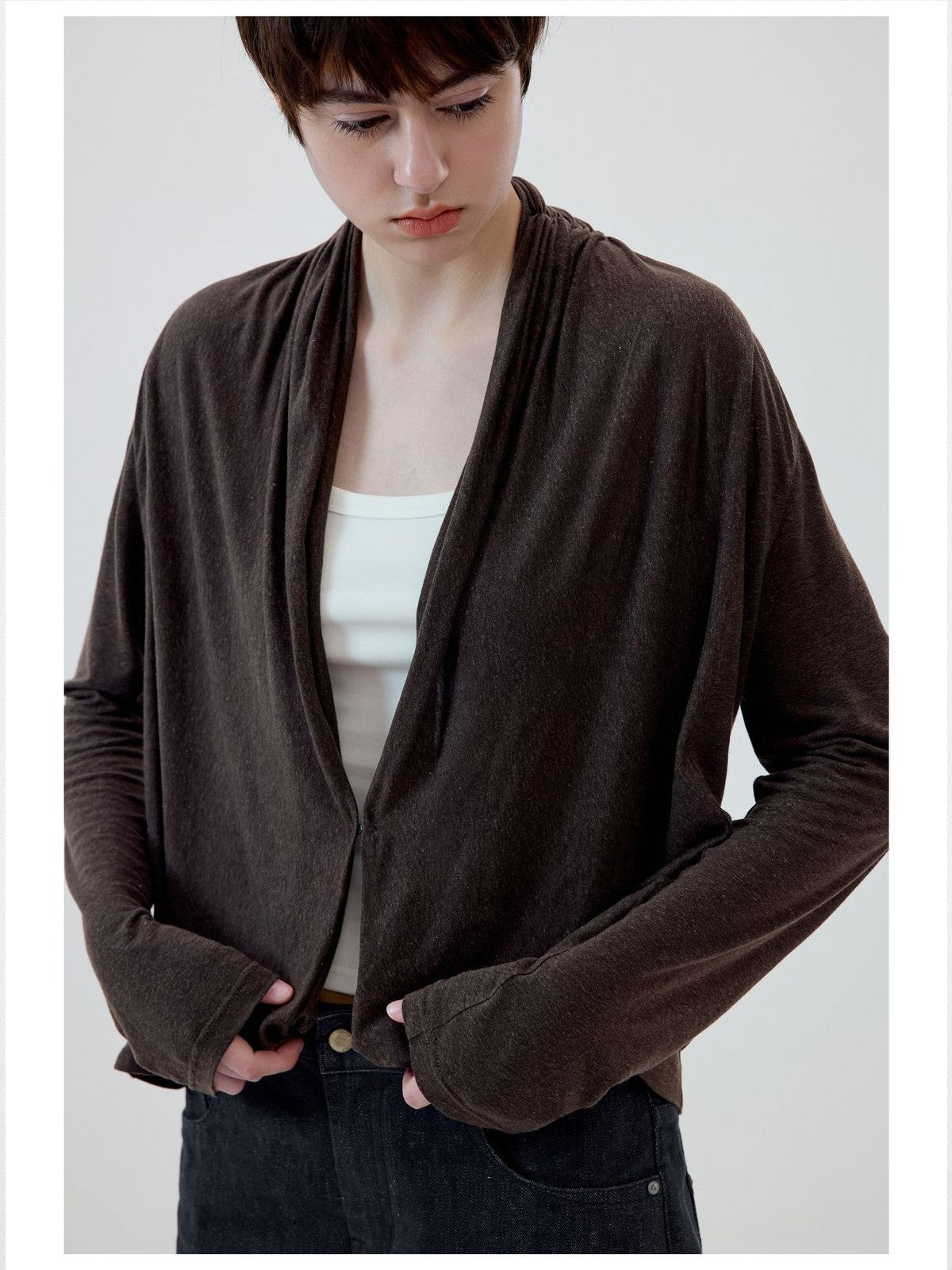 Simple Project Linen Blend Cowl Neck Cardigan in Brown - On Model