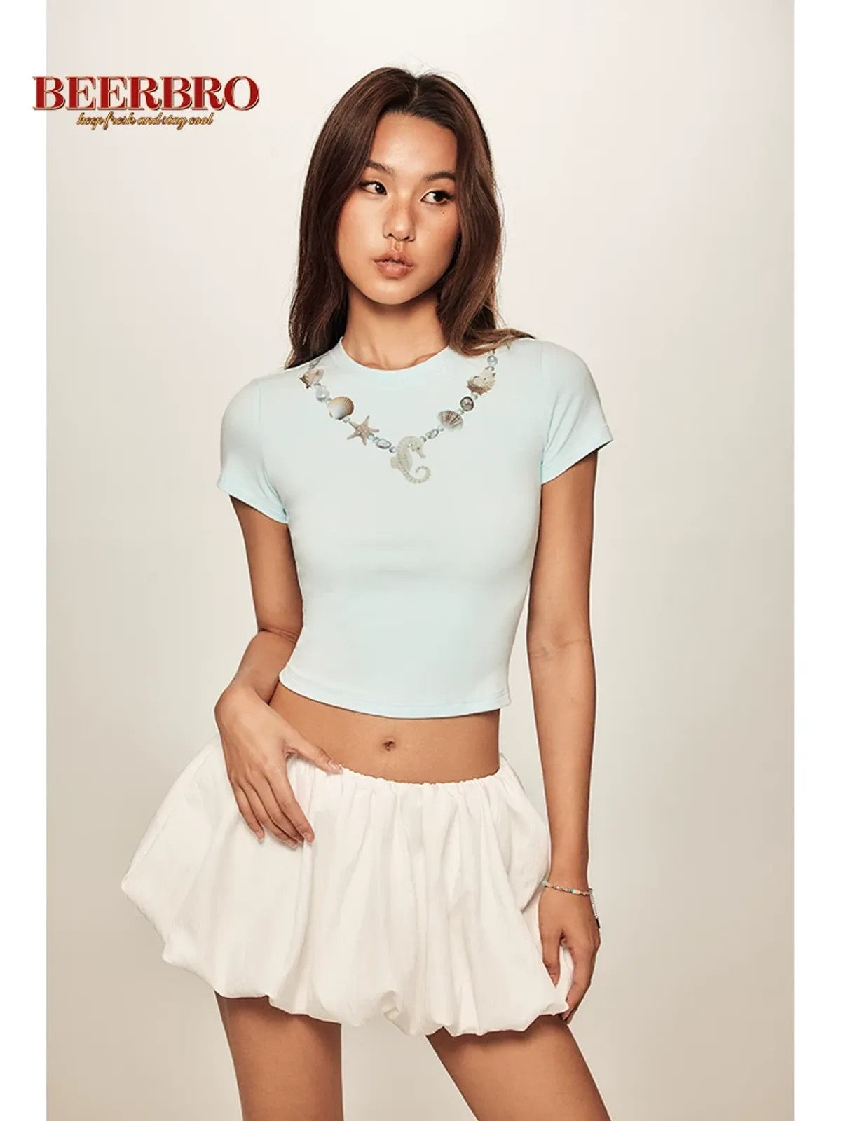 BeerBro Faux Seashell Necklace Tee in Sky Blue - On Model