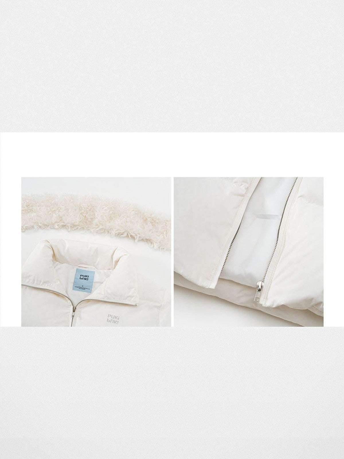 PUKI Cropped Down Puffer with Fur Collar in White - Detail