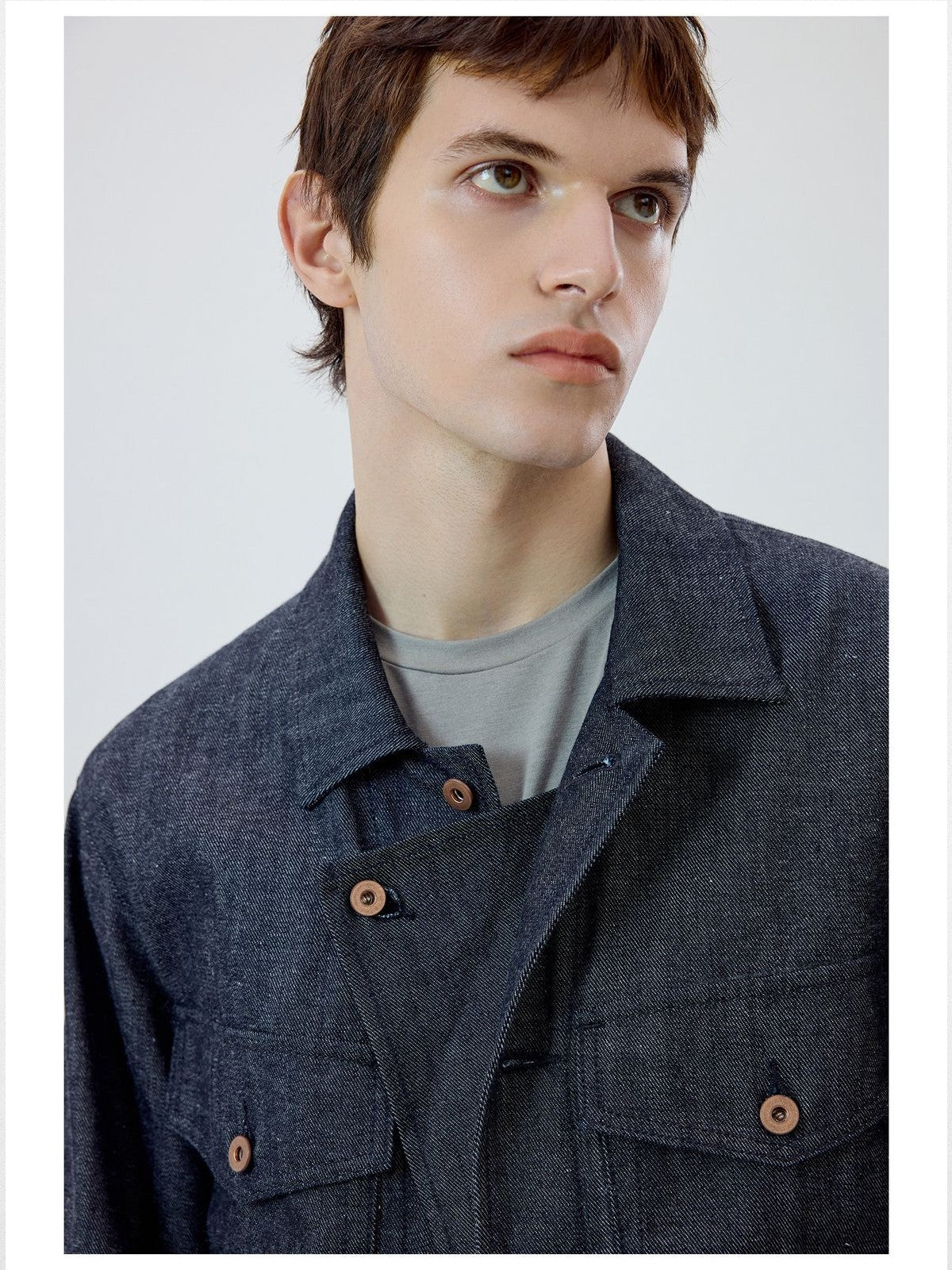 Simple Project Ramie Blend Selvedge Denim Jacket in Blue - On Model