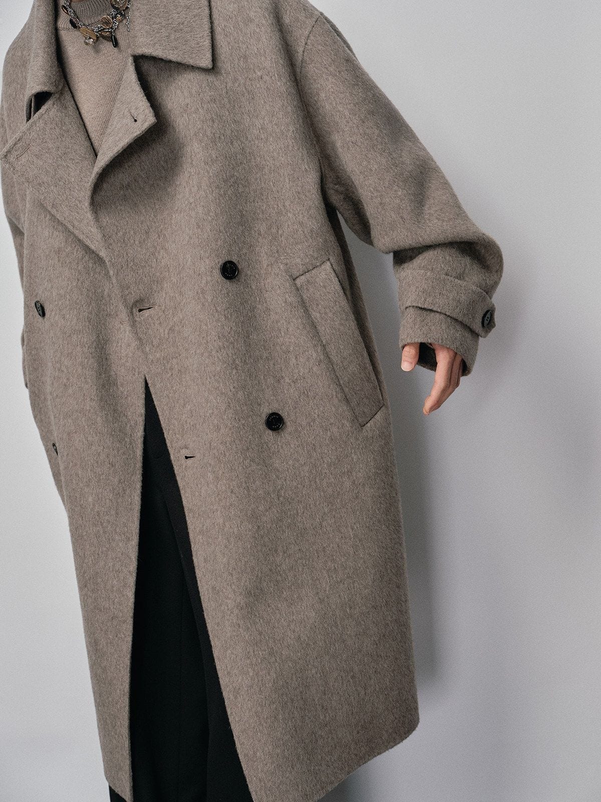 Nans Handmade Double Faced Wool Coat in Beige - On Male Model