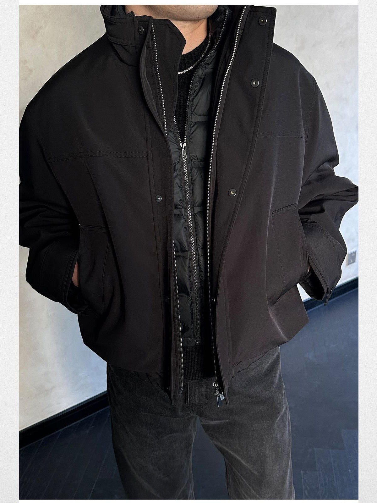 Roolrren Homme 3 Proof Tech Shell Down Vest in Black - On Model