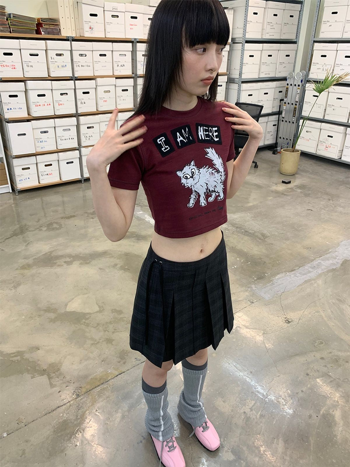 NeverSeez Kitten Graphic Baby Tee in Brown - On Model