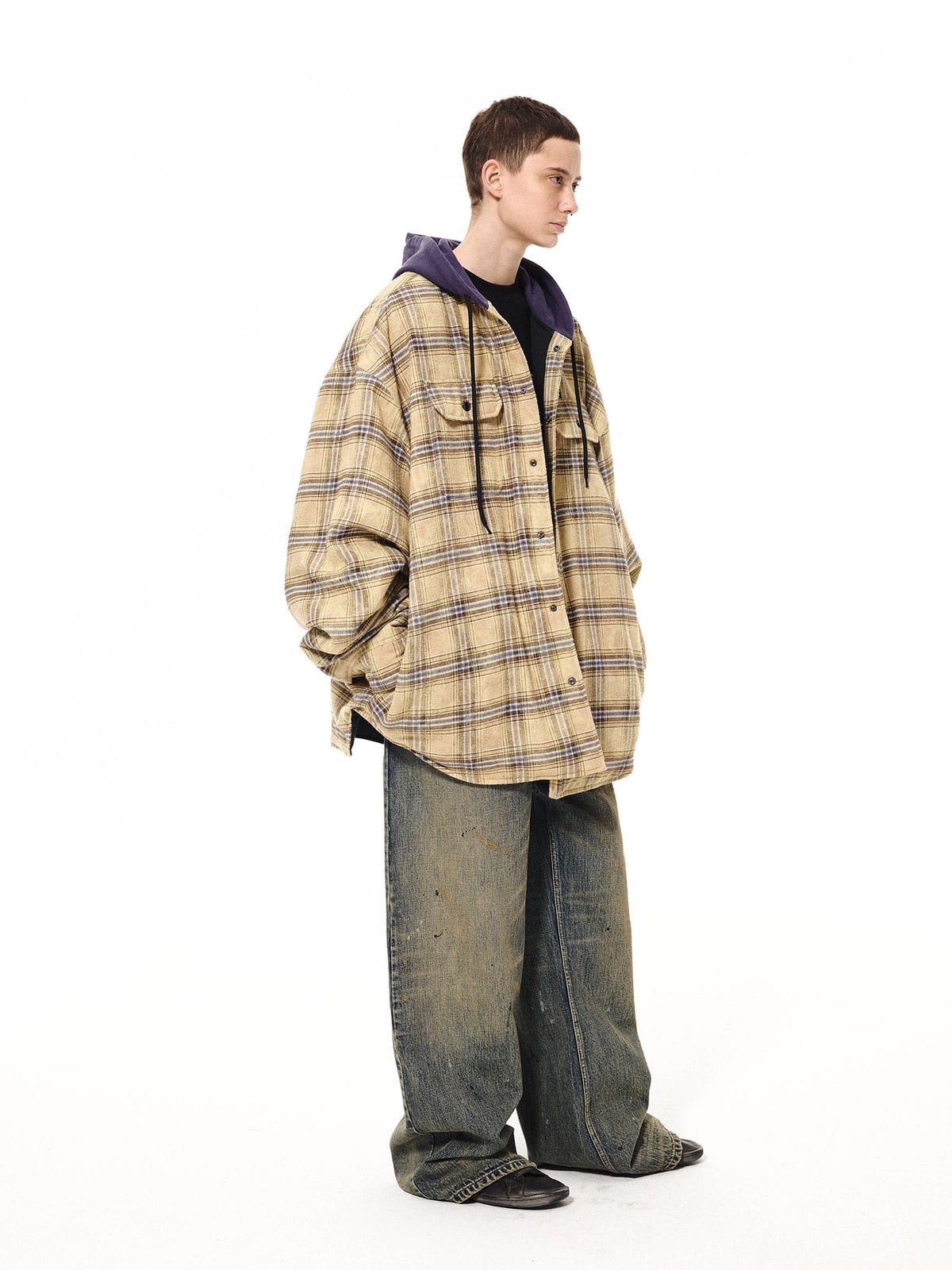 Unknownworld Oversized Padded Plaid Hooded Jacket in Beige - On Male Model