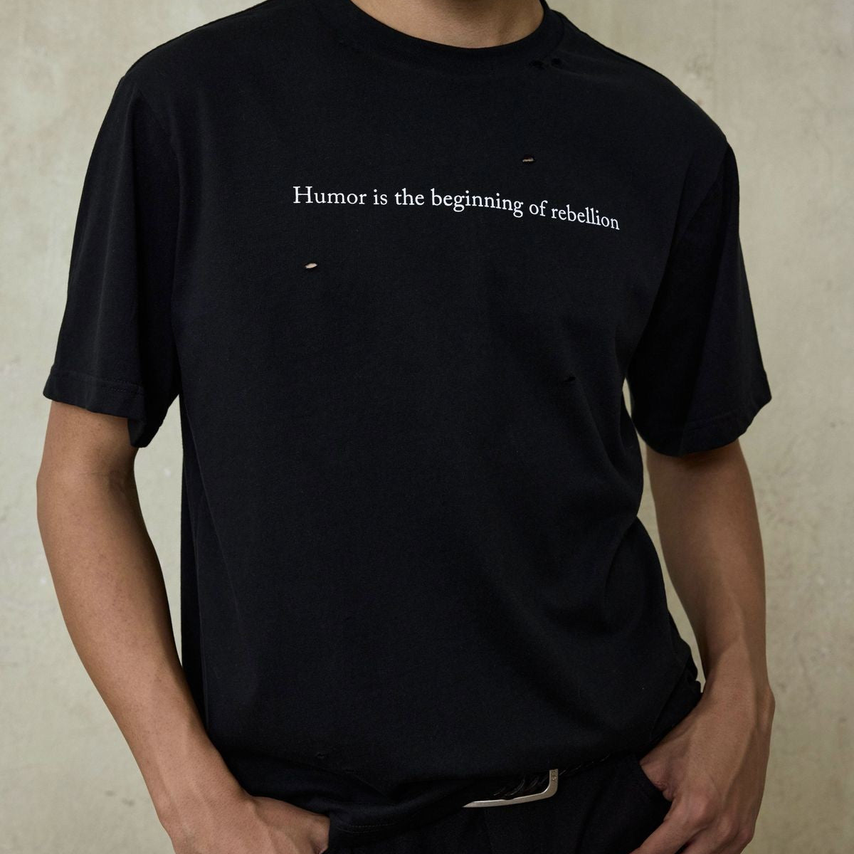 AFterTaste Distressed Slogan T Shirt in Black - On Model