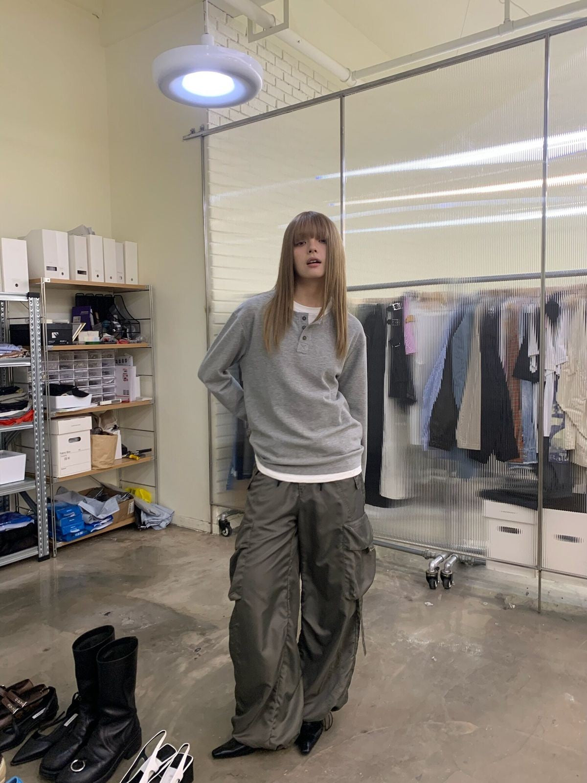 NeverSeez Spliced Wide Leg Cargo Pants in Green - On Female Model