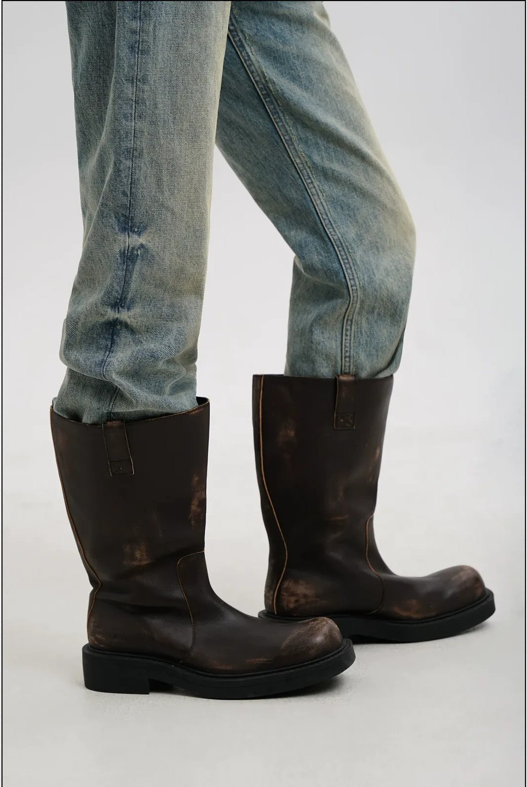 MASONPRINCE Wide Shaft Leather Military Boots in Brown - On Model