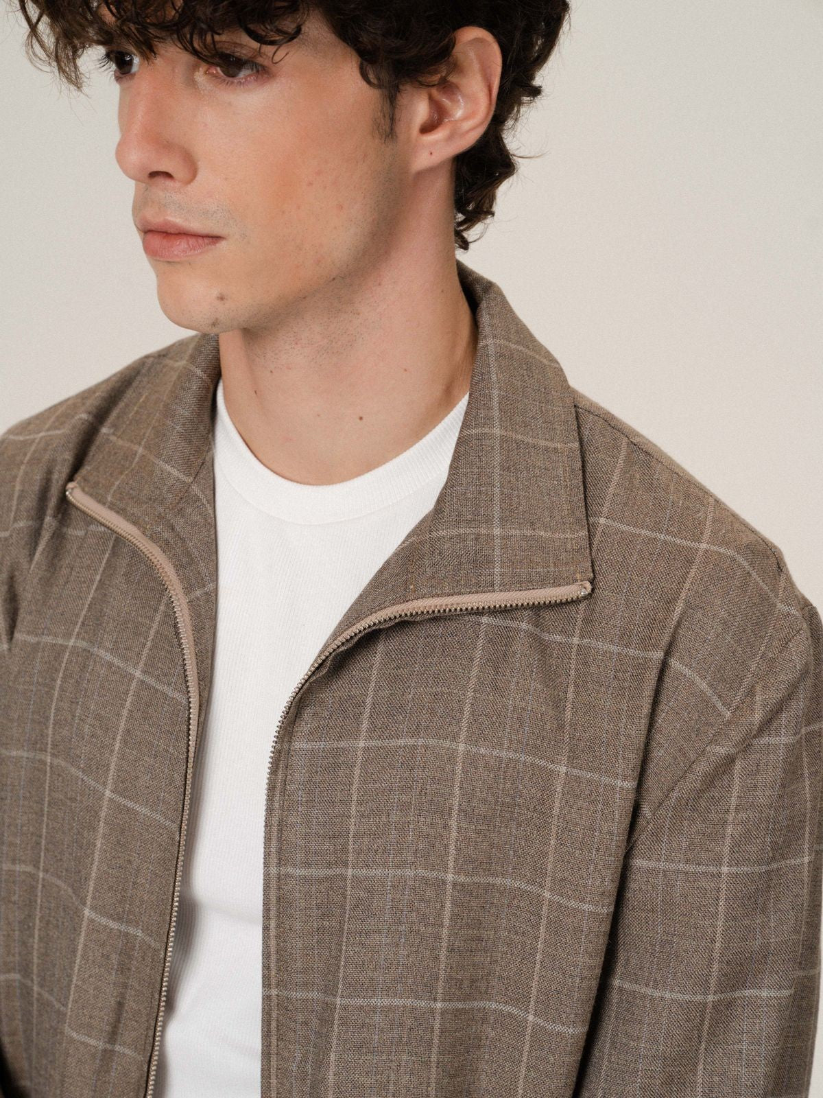 Retro 21 Silk Wool Plaid Double Zip Jacket in Brown - On Model