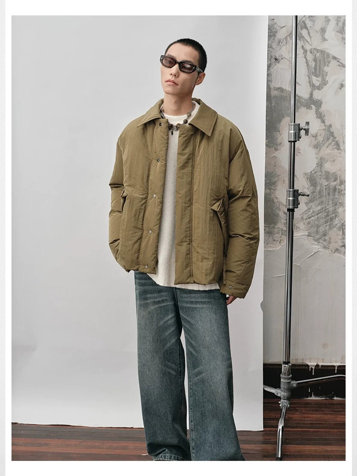 NANS Crinkled Metallic Down Puffer in Olive