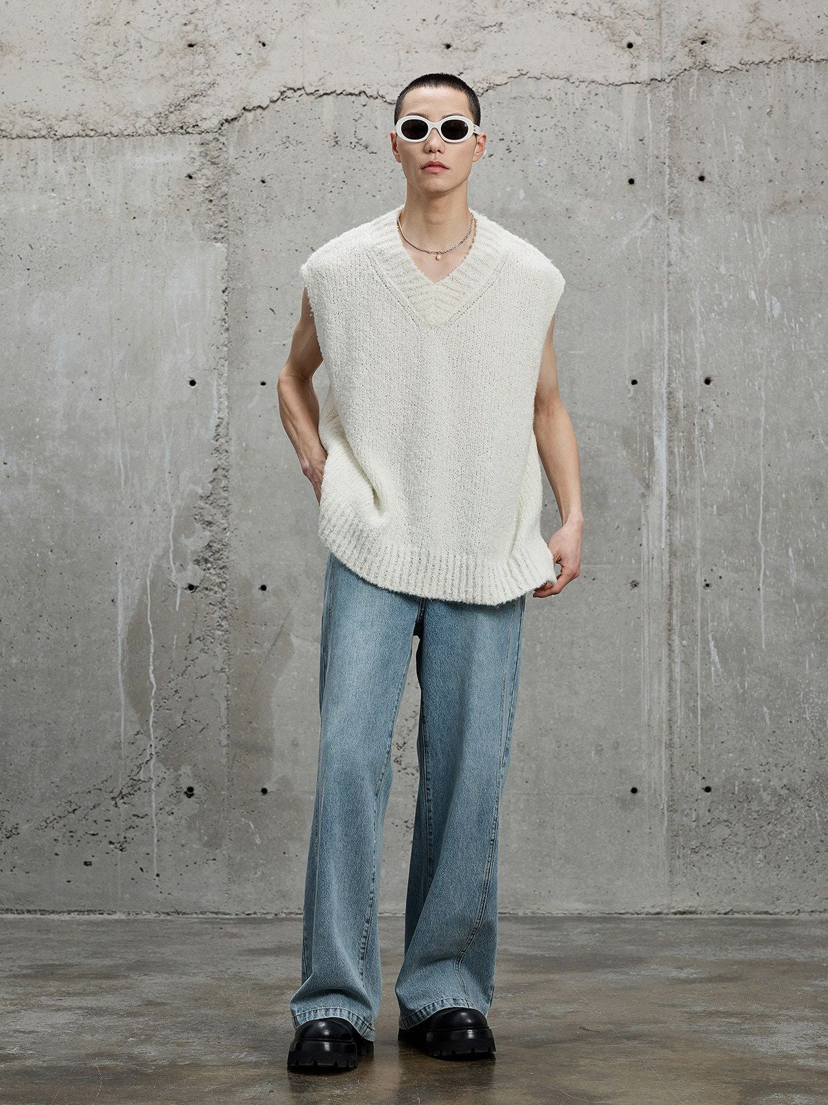 NANS Alpaca Blend Boucl Knit Polo in White - On Male Model