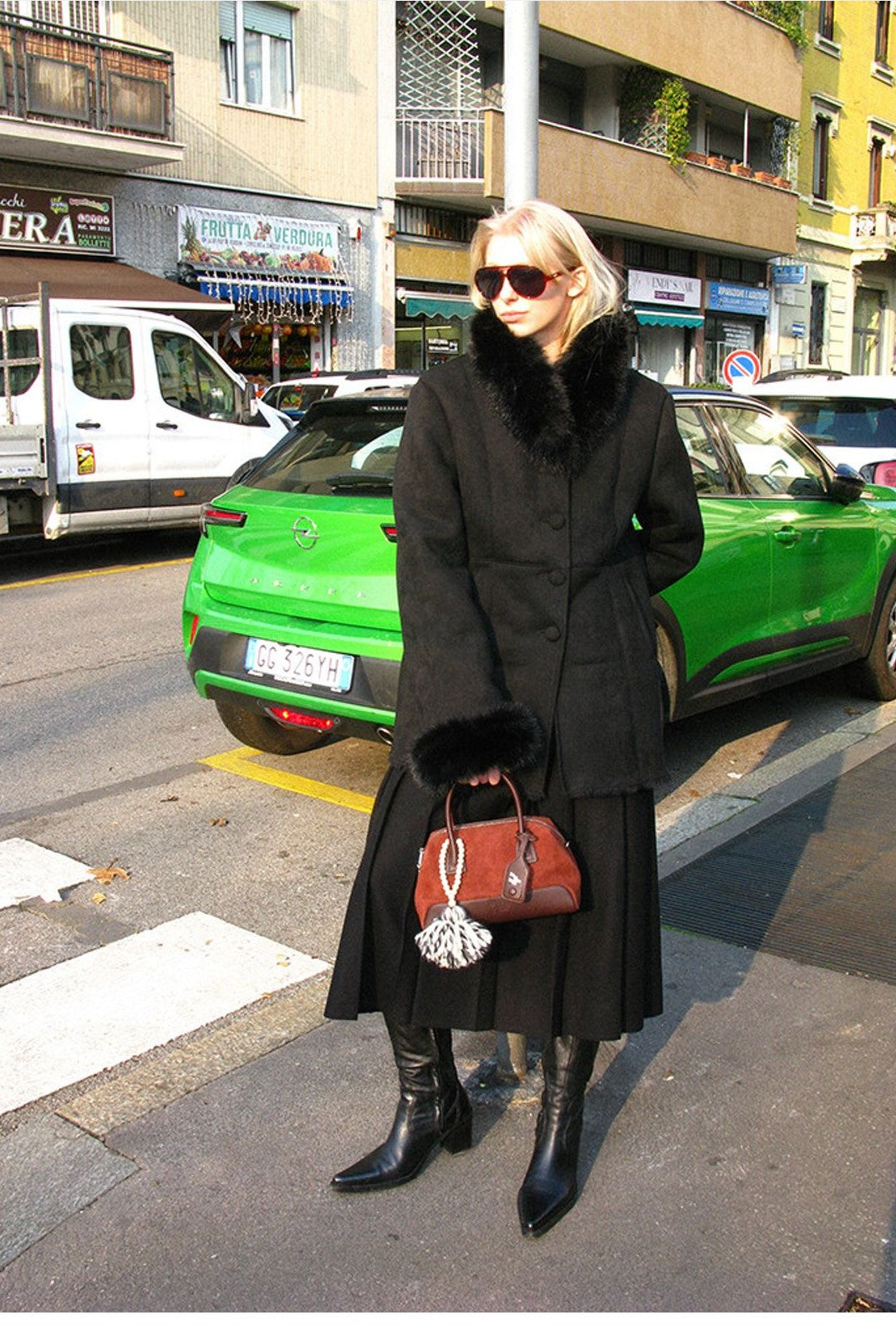 ACSENSE STUDIO Faux Suede Jacket with Faux Fur Collar in Black - On Model