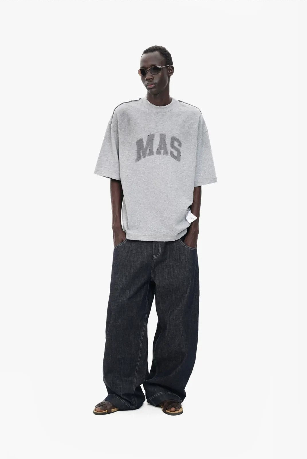 MASONPRINCE Distressed Graphic Cotton T Shirt in Gray - On Model