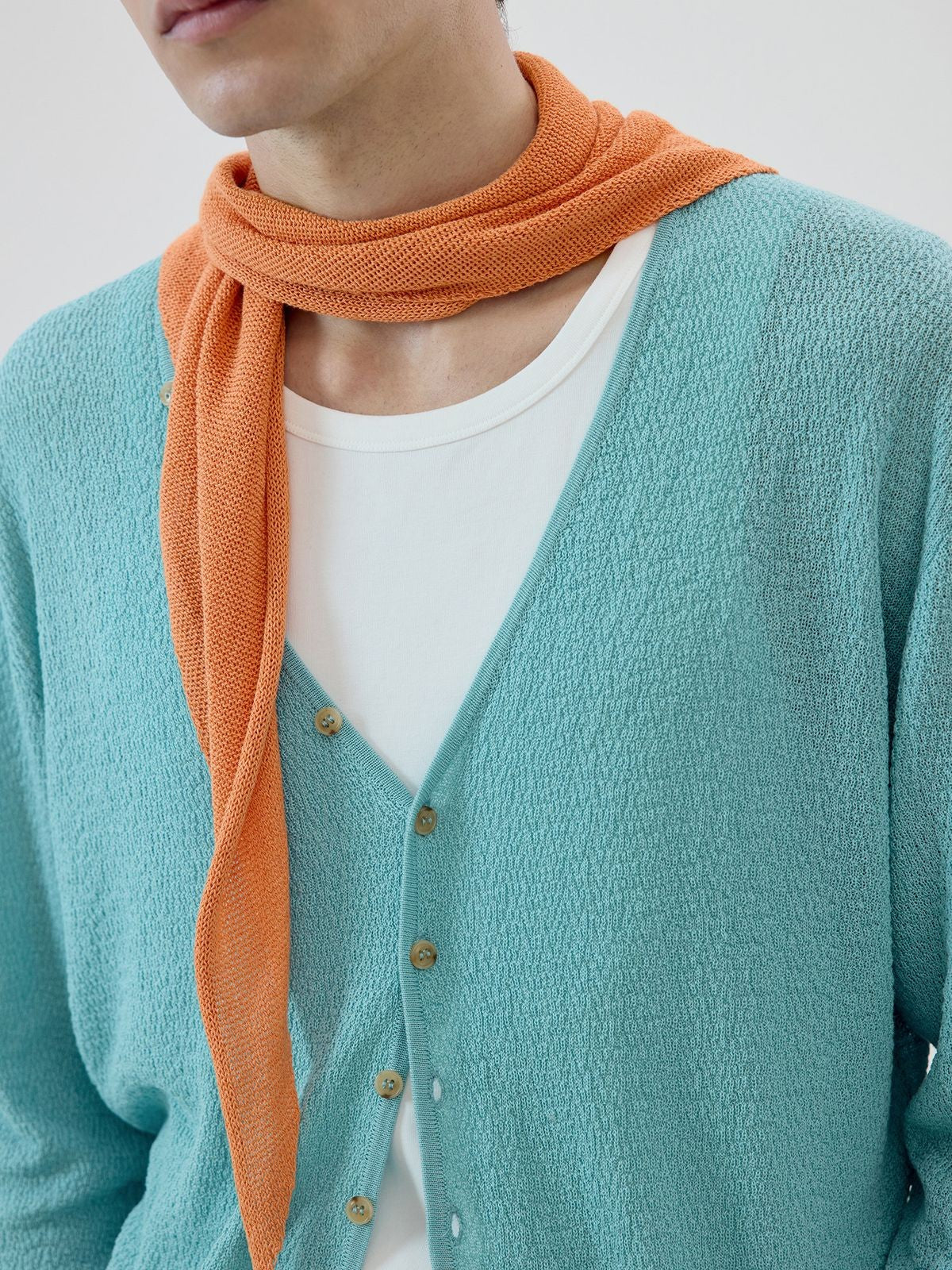 Simple Project Textured Linen Blend Cardigan in Teal - On Male Model