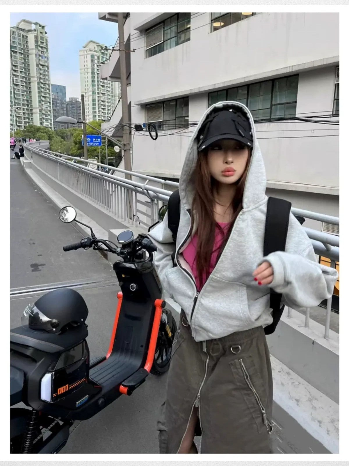 VLABMADE Boxy Cropped Zip Up Hoodie in Gray - On Female Model