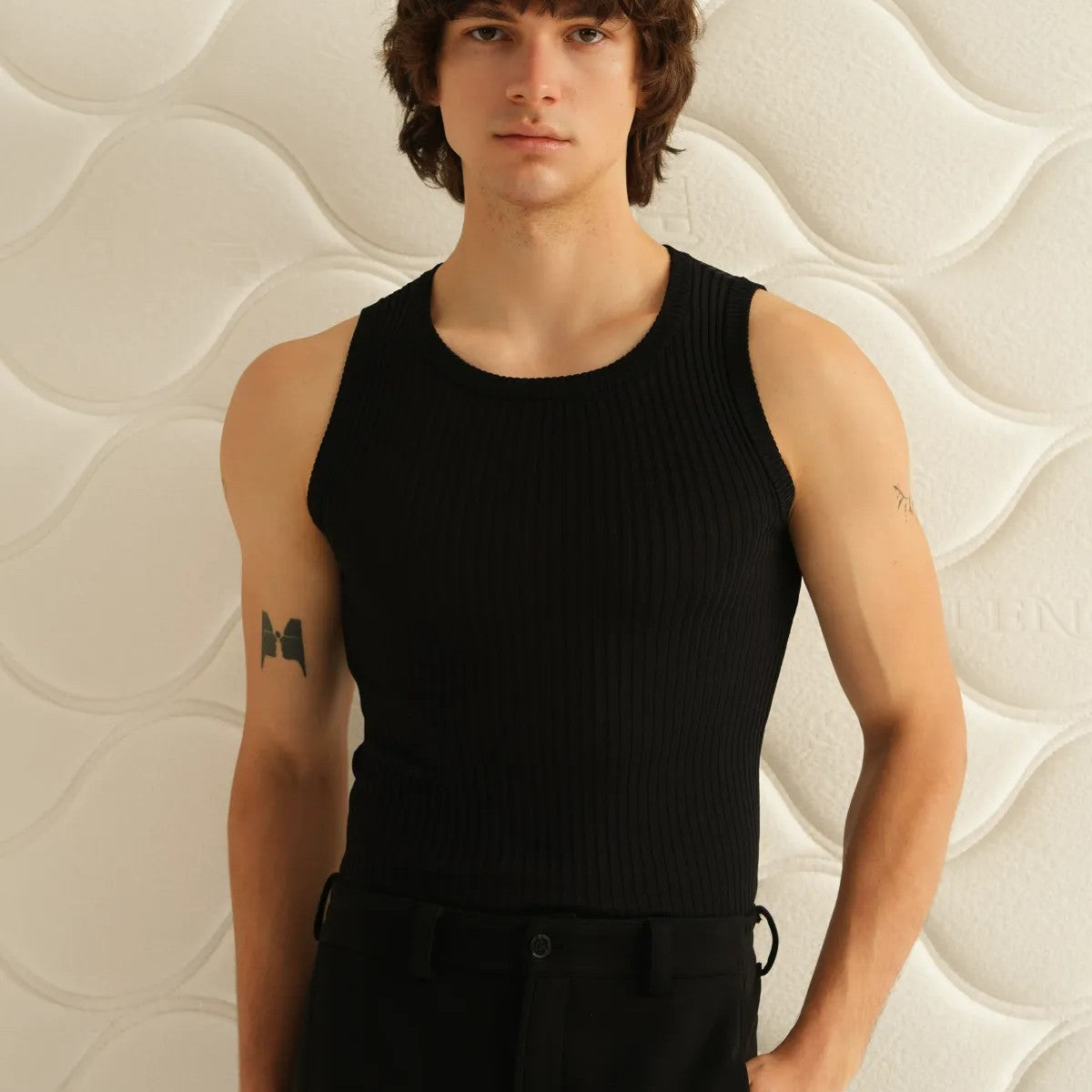Retro 21 Ribbed Knit Tank Top in Black - On Model