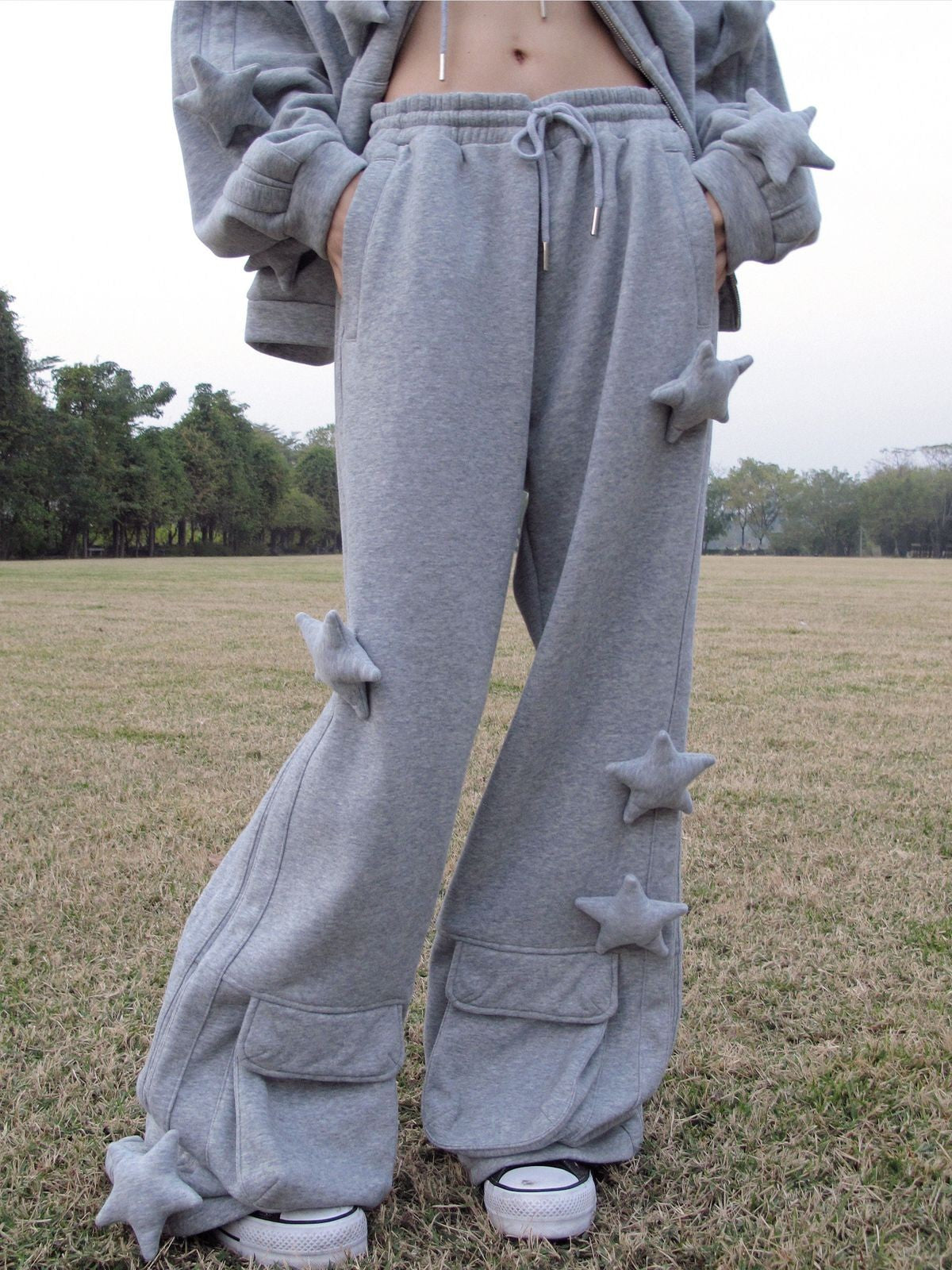 CFIERCE 3D Star Micro Flare Sweatpants in Gray - On Model