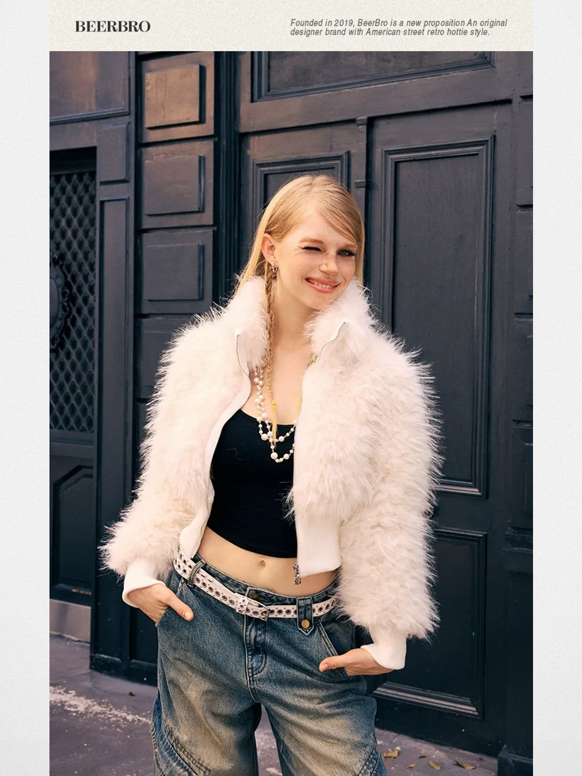 BeerBro Shaggy Faux Fur Cropped Jacket in White - On Model