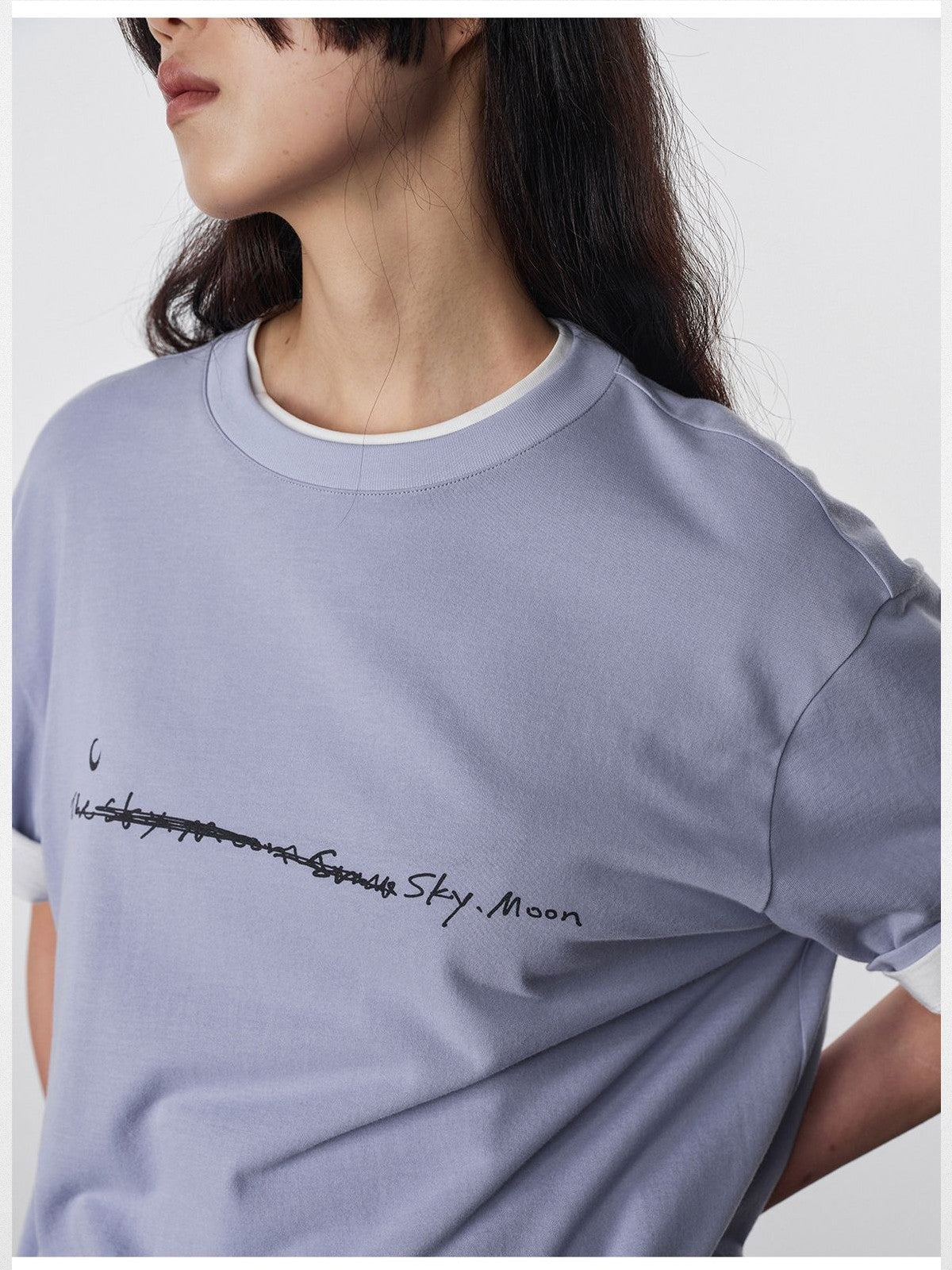 RandomPiece Letter Print Cotton T Shirt in Sky Blue - On Model