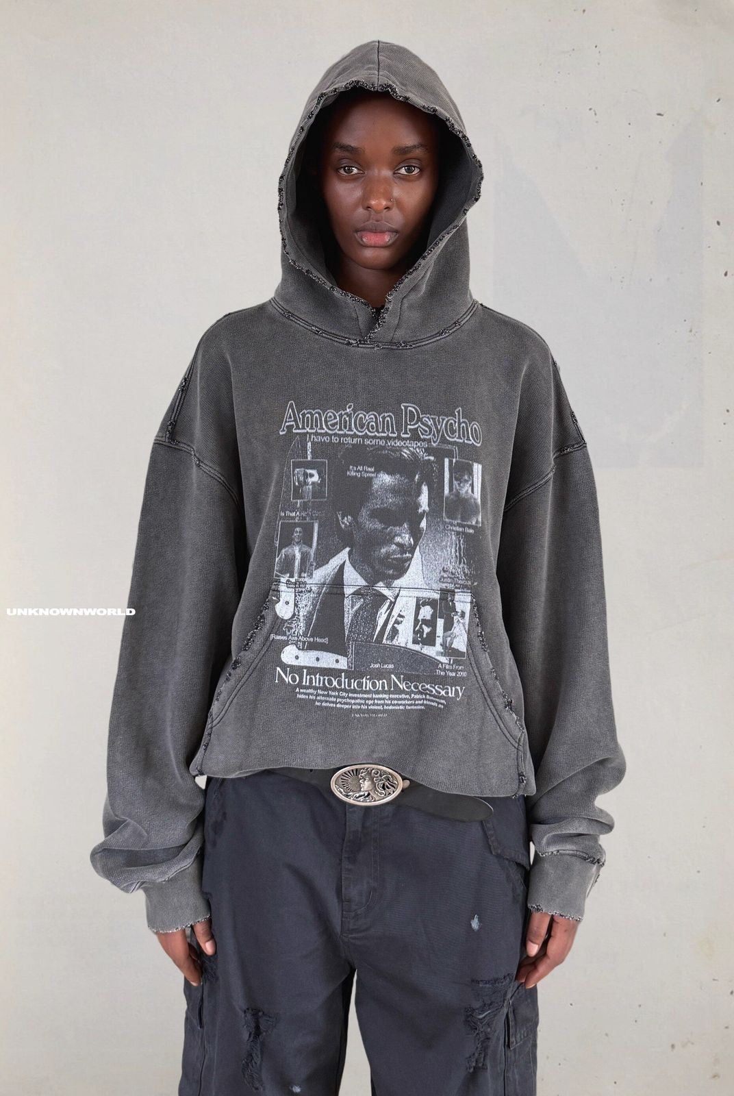 UNKNOWNWORLD Distressed Washed Graphic Hoodie in Black - On Model