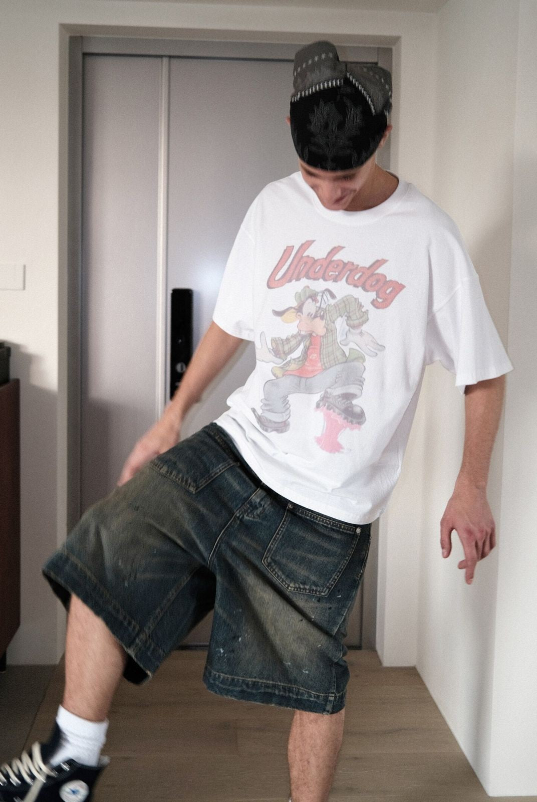 UNKNOWNWORLD Mud Dye Reverse Pocket Shorts in Yellow - On Model