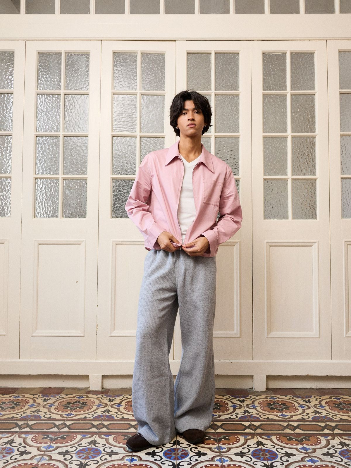 Retro 21 Pink Beige Double Zip Cotton Shirt in Off-White - On Model