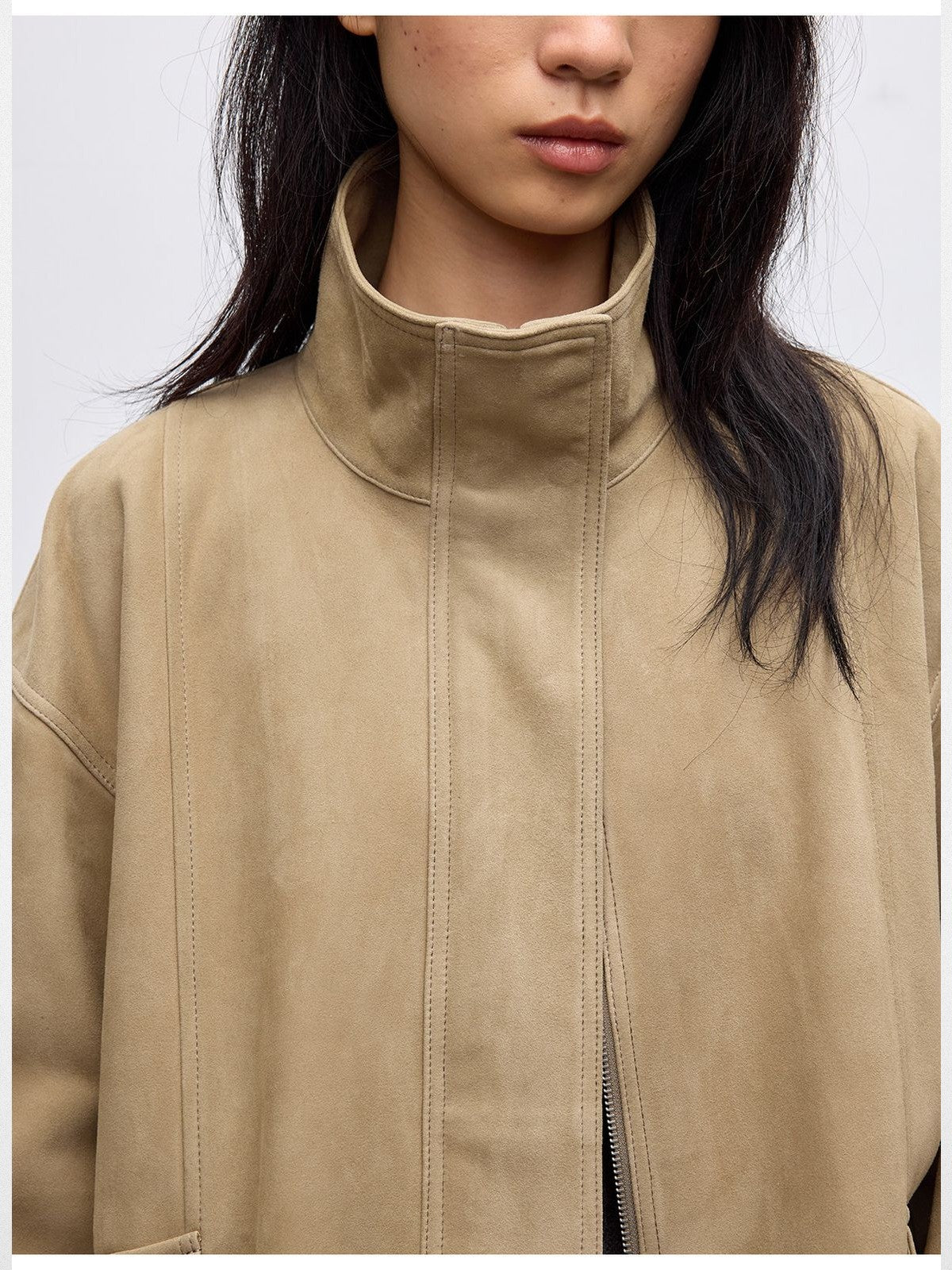 RandomPiece Lambskin Suede Stand Collar Jacket in Khaki - On Model