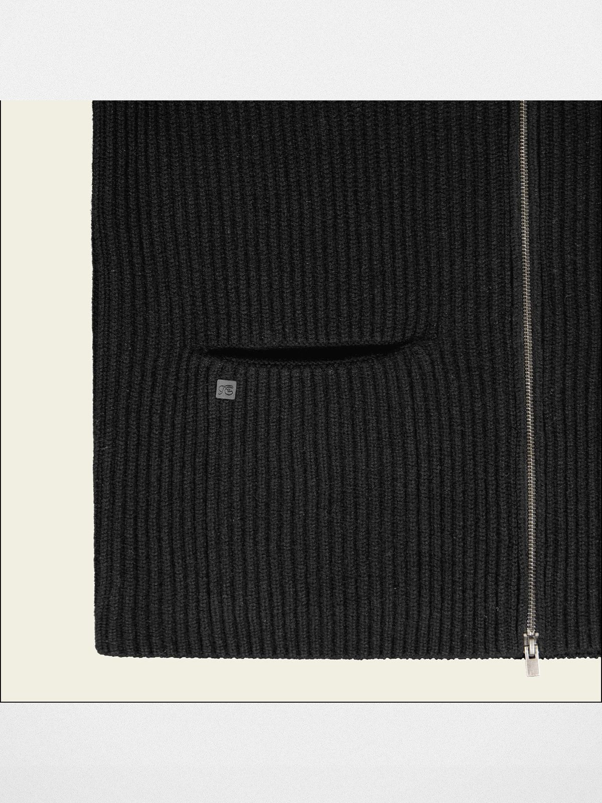 FaxCopyExpress Ribbed Wool Yak Zip Cardigan in Black - Detail