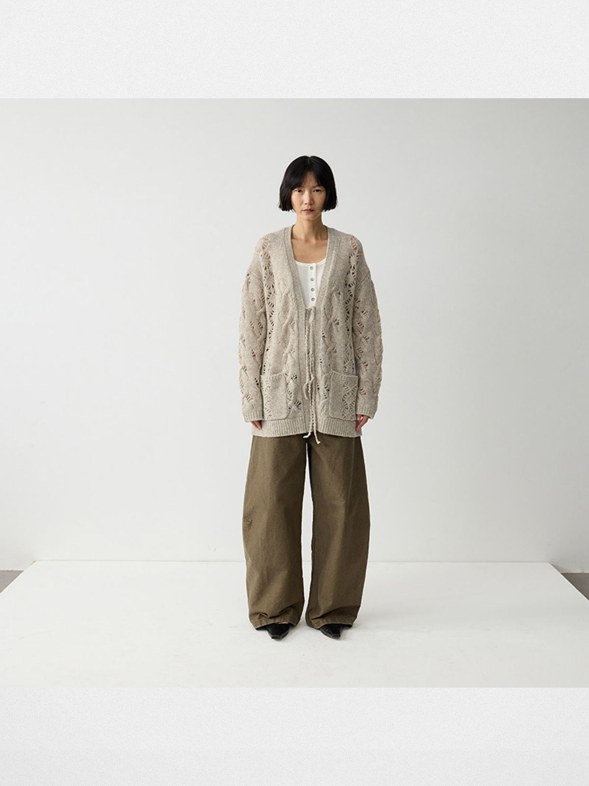 RandomPiece 100 Wool Openwork Tie Front Cardigan in Beige - On Model