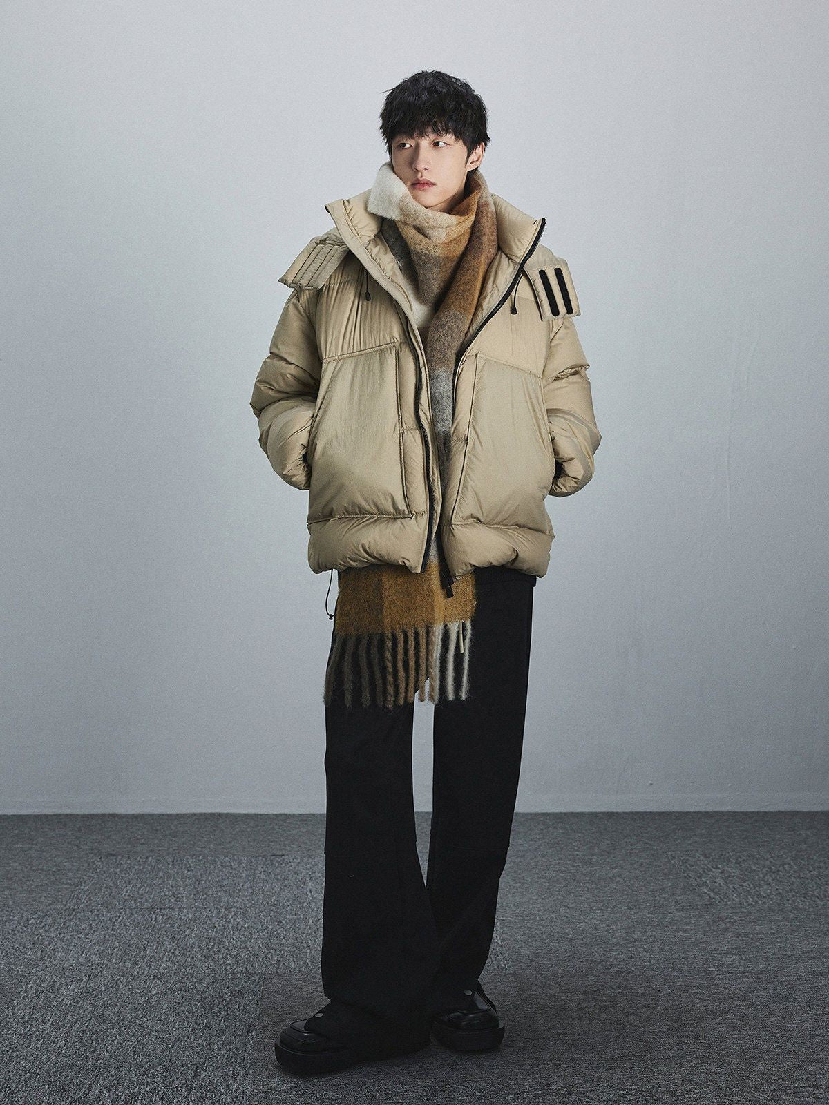 NANS Detachable Hood Crinkled Down Puffer in Beige - On Model