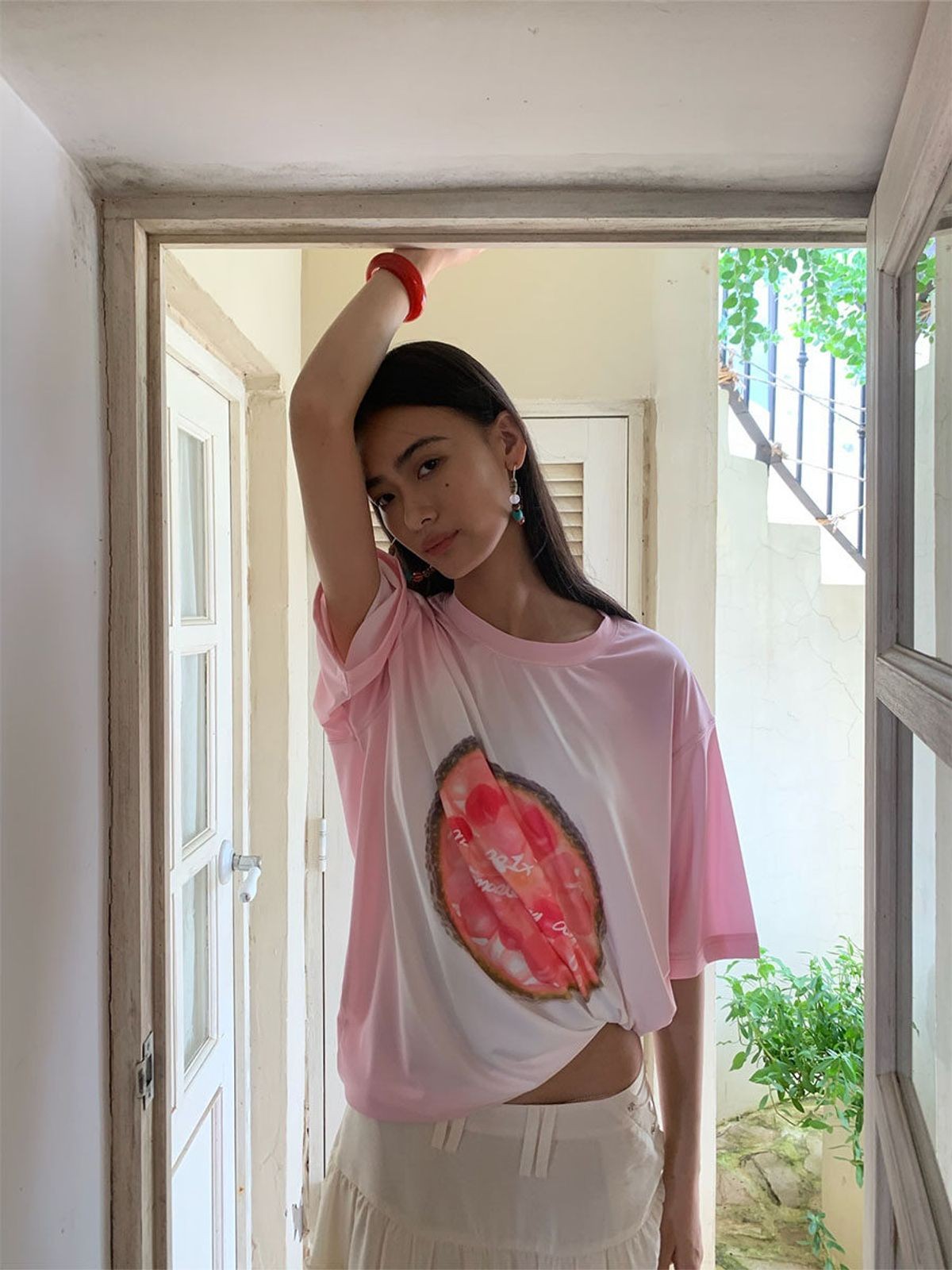 NeverSeez Gradient Fruit Print Quick Dry Tee in Pink - On Female Model