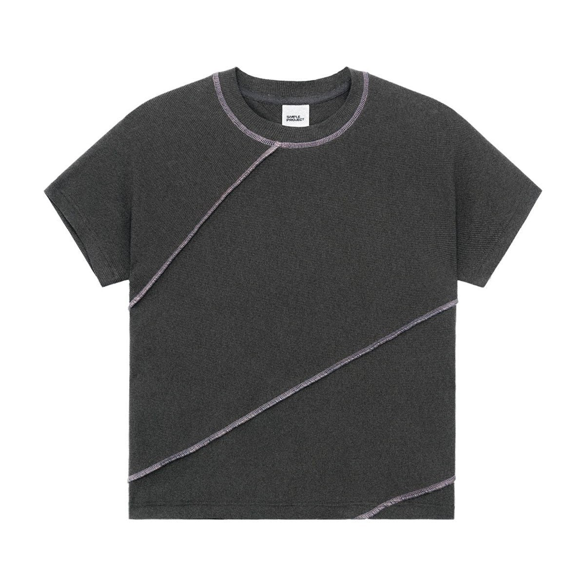 Simple Project Spiral Contrast Stitch Ribbed Tee in Gray
