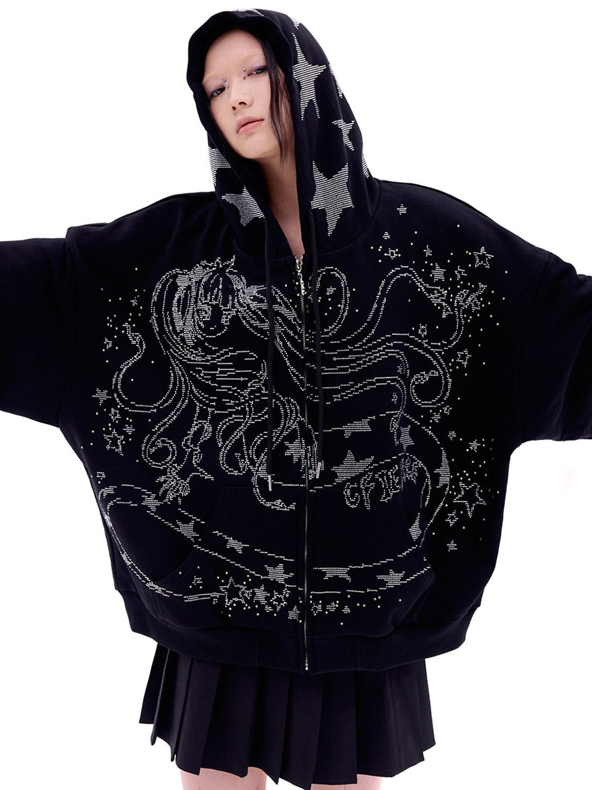 CFIERCE Rhinestone Snake Girl Zip Hoodie in Black - On Model